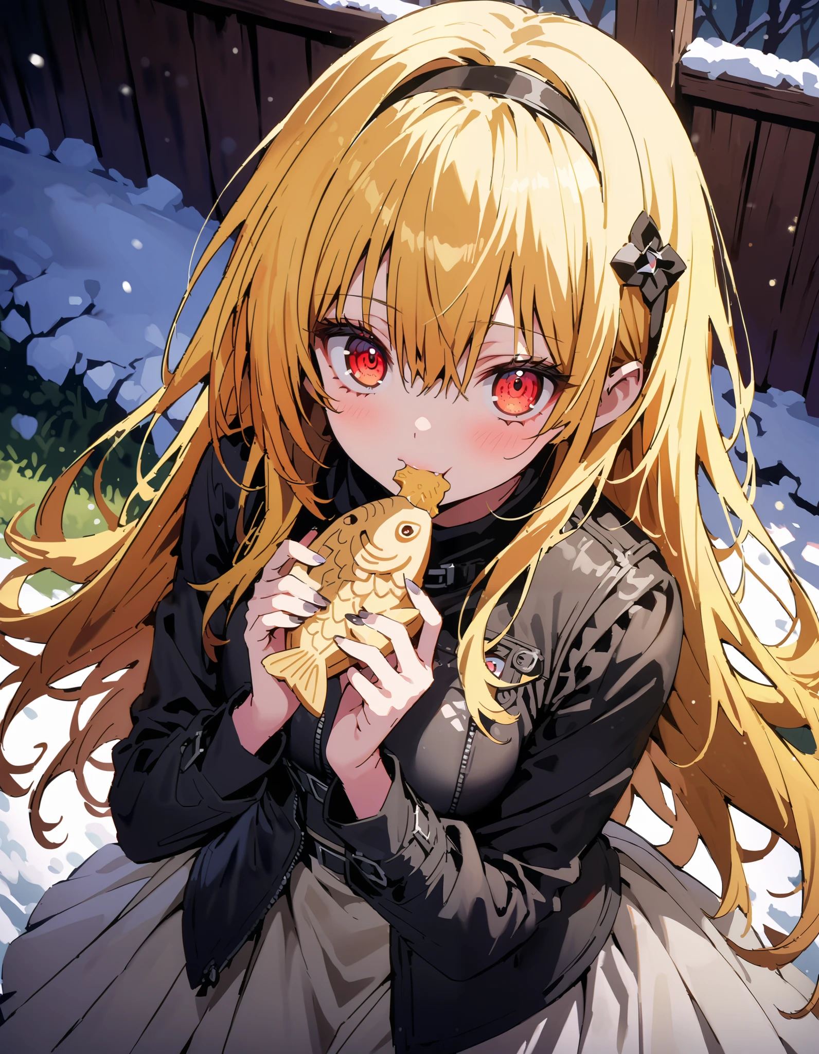 score_9, score_8_ up the side, score_7_ up the side, source_Anime,
toloverudarkness, darkness, yellow hair, long hair, red eyes , Hair Ornament,White hair band ,White muffler, black down coat , white long skirt, eating with taiyaki in one hand,Eating taiyaki ,snow,whole bodyが illustrationに入るように,
break outdoors, garden,
break looking at viewer,whole body,
break ( Masterpiece:1.2), top quality, Hi-Res, Unity 8k Wallpaper, ( illustration:0.8), ( beautiful detailed eyes :1.6), very detailed face, perfect lighting , Extremely detailed CG, ( Perfect Hands, perfect anatomy),