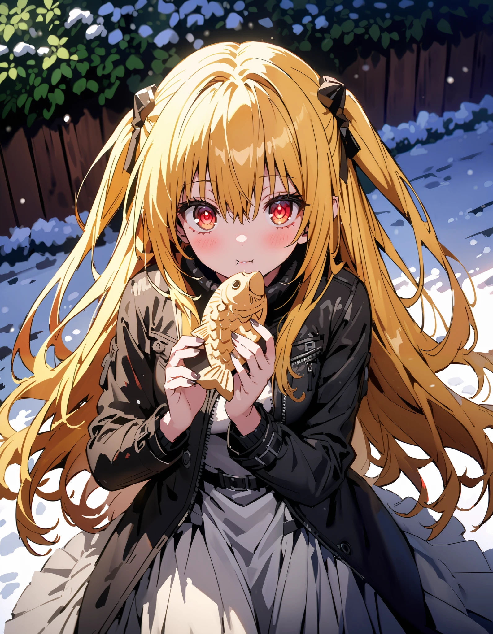 score_9, score_8_ up the side, score_7_ up the side, source_Anime,
toloverudarkness, darkness, yellow hair, long hair, red eyes , Hair Ornament,White hair band ,White muffler, black down coat , white long skirt, eating with taiyaki in one hand,Eating taiyaki ,snow,whole bodyが illustrationに入るように,
break outdoors, garden,
break looking at viewer,whole body,
break ( Masterpiece:1.2), top quality, Hi-Res, Unity 8k Wallpaper, ( illustration:0.8), ( beautiful detailed eyes :1.6), very detailed face, perfect lighting , Extremely detailed CG, ( Perfect Hands, perfect anatomy),