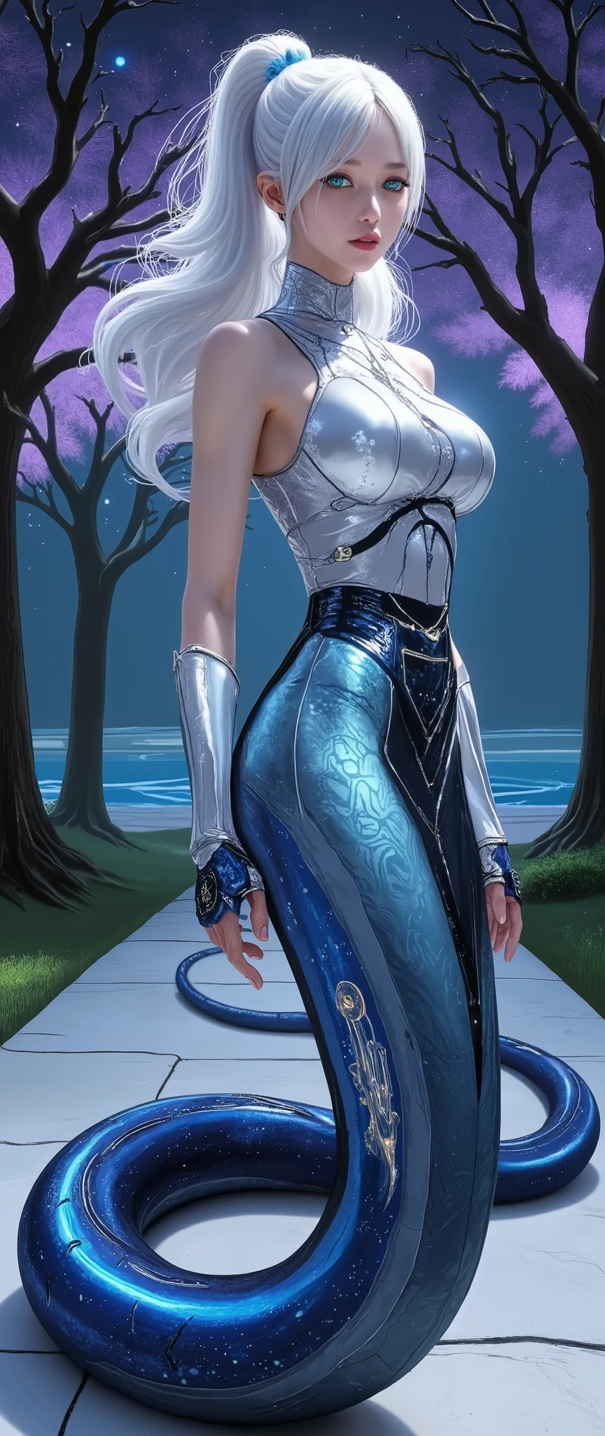Snake Woman.a female character with a serpent-like lower body.Her upper body is human, but her lower body is serpent-like.Create an image of a futuristic snake woman who combines both the raw beauty of nature and the sleek precision of advanced technology. Her upper body, human in shape but otherworldly in presence, is clothed in a skin-tight suit made of semi-transparent material, faintly glowing with soft blues and purples. Her hair is a mass of digital tendrils, resembling flowing wires that constantly shift in color and form, mirroring the landscape around her. Her eyes are luminous, emitting a soft but powerful green glow, with irises that shift like dynamic data streams, capturing attention with their intensity. Her lower body is a magnificent serpent, the scales a seamless blend of organic and synthetic materials. The top half of the serpent’s tail is embedded with sleek metallic plating, its edges sharp and glimmering like polished chrome, while the rest of the tail transitions into intricately patterned, glowing scales that pulse with faint, neon-like lights. The serpent’s movements are fluid and hypnotic, its tail winding gracefully through the air, leaving a trail of light in its wake, almost like a stream of liquid energy. She stands in a high-tech, alien forest, a place where nature and technology are fused together. Towering, crystalline trees grow in shimmering, geometric formations, their trunks lined with panels that glow with soft bioluminescence, while the foliage above shifts like digital projections. Above, holographic stars flicker in the sky, while distant flying machines hover in the air, their lights cutting through the fog of the forest. Floating platforms hover nearby, pulsing with energy, as if charged by the snake woman’s presence, while intricate digital symbols dance in the air, leaving trails of light as they follow her movements. The atmosphere is one of quiet power and unsettling beauty.
