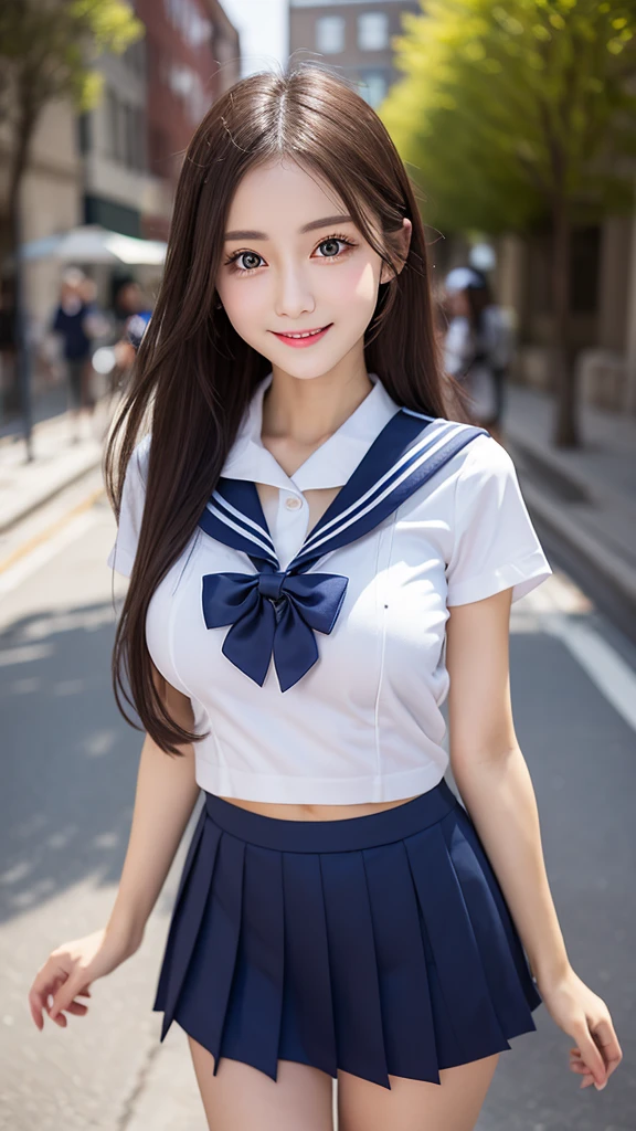 A Japanese actress at night. Vending machines and street lights in the background, (messy Hair blowing in the wind:1.1), (alluring smile:1.35), thin waist, navel, large breasts, (Japan Sailor School Uniforms, sailor fuku, serafuku, Japanese school sailor uniform, darkblue pleated skirt:1.27), BREAK, (shot from below:1.4), natural light, cute&pretty girl, , detailed eyes, facial lighting, beautiful actress, ((chiseled face)), small head, smooth skin, natural makeup, Shaggy hair, (light brown hair:1.2), black eyes, plump, masterpiece, best quality, 8K, detailed, detailed face and skin, hi-res, perfect anatomy, physically-based rendering, photorealistic, symmetric clear eyes, well-groomed face