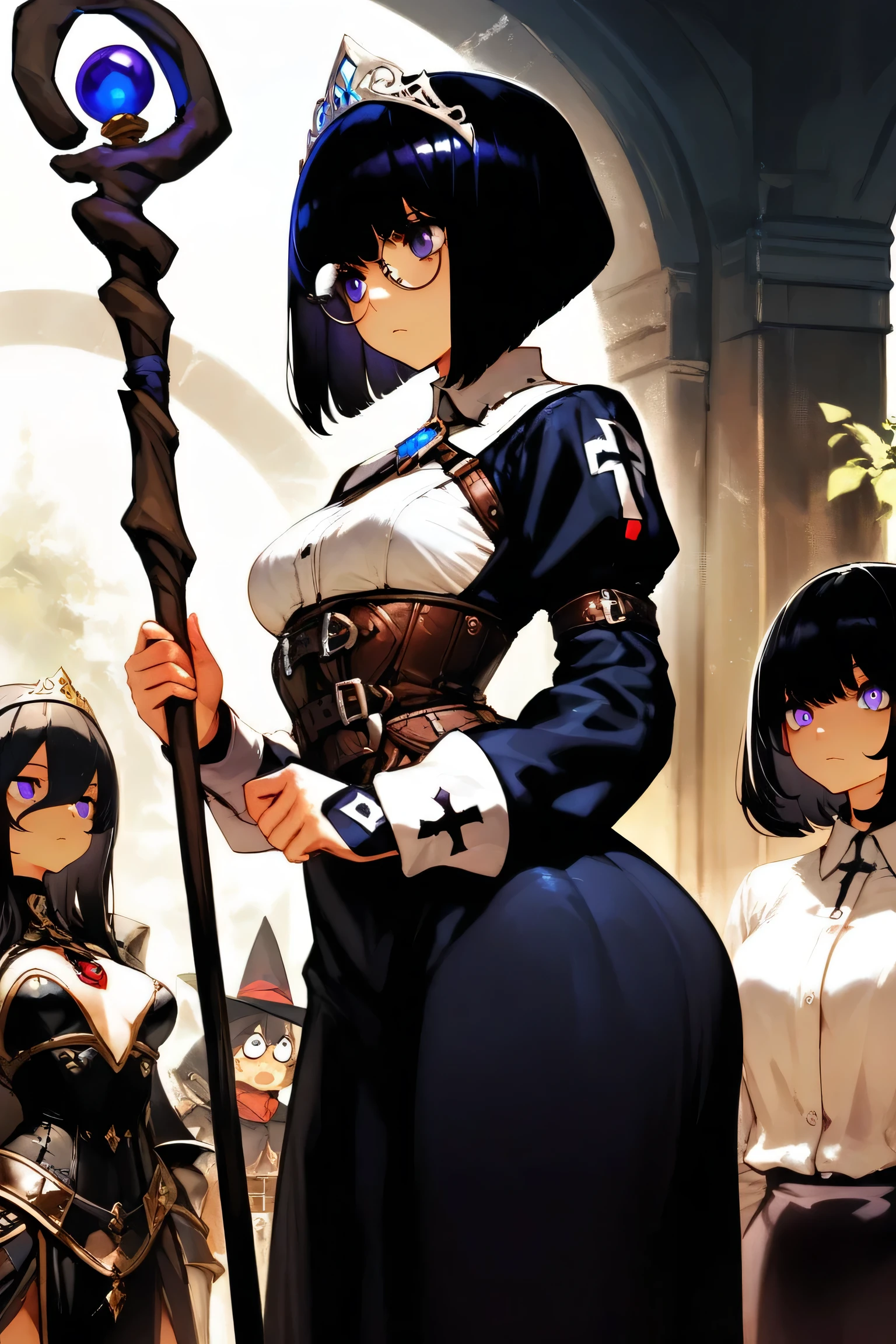 masterpiece
tall, slender, 1girl, black hair, short hair, bob cut, long bangs, short back,( maid:0.7), white tiara, warrior, mage, long dress, black dress, corset, white shirt, medium chest, round glasses, violet eyes,  standing, holding staff