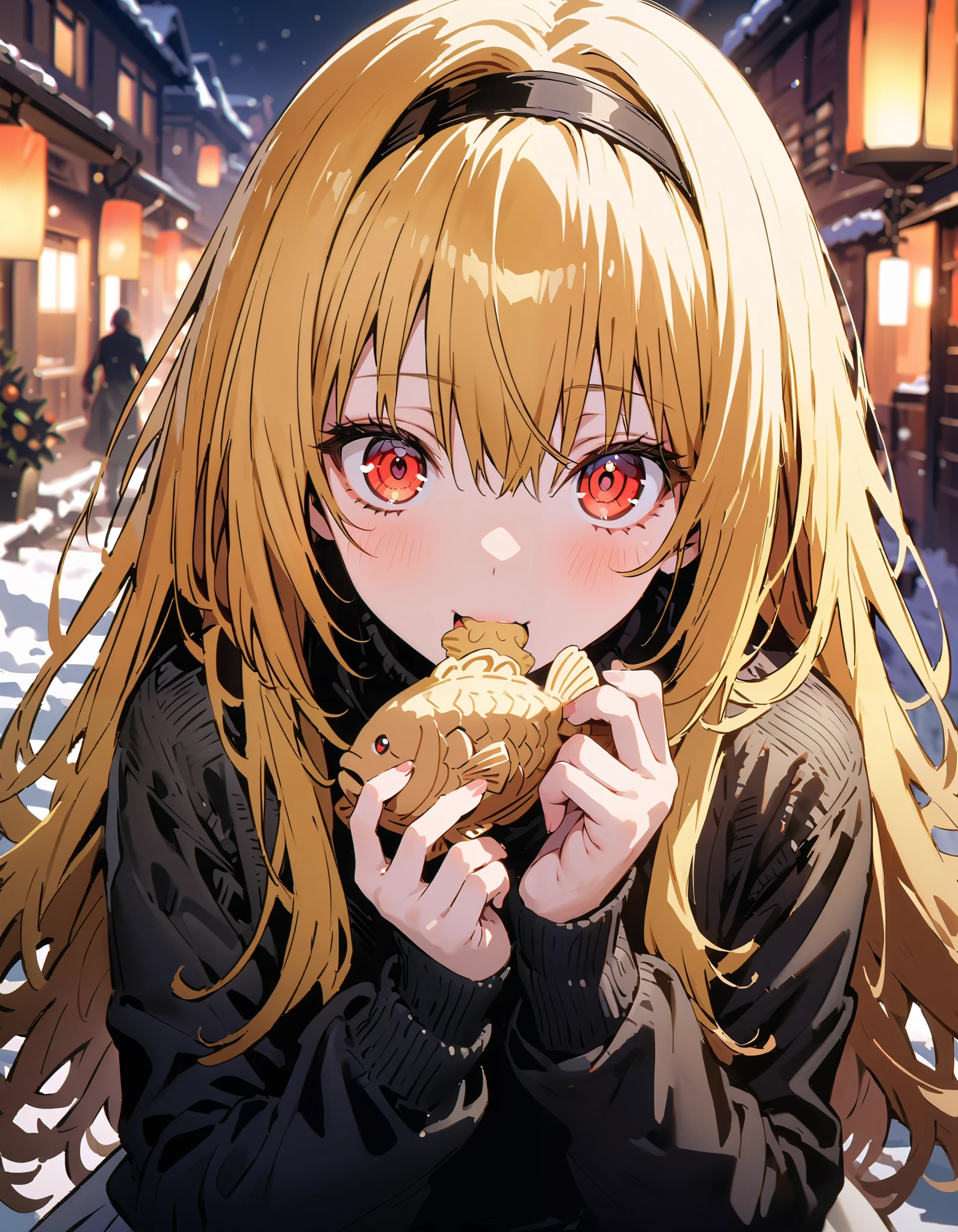 toloverudarkness, darkness, yellow hair, long hair, red eyes , Hair Ornament,White hair band ,White muffler, black down coat ,( sweater :1.2),( turtleneck:1.2), white long skirt, eating with taiyaki in one hand,Eating taiyaki ,snow,whole bodyが illustrationに入るように,
break outdoors, garden,
break looking at viewer,whole body,
break ( Masterpiece:1.2), top quality, Hi-Res, Unity 8k Wallpaper, ( illustration:0.8), ( beautiful detailed eyes :1.6), very detailed face, perfect lighting , Extremely detailed CG, ( Perfect Hands, perfect anatomy),