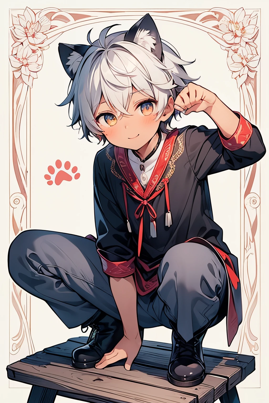 ((1-boy :1.3)),((handsome Gay:1.2)),(( An Adult Man :1.15)), open your mouth wide and smile,short Karl hair,White hair,(lace pattern background:1.25),((dark skin body:1.6)), shiny ,((top view:1.0)),((BIG cat ears:1.0)),(paw pose on the head:1.15),((tricolor :1.0)),((Active light step:1.0)),((platform boots:1.0)),(pants under knee length dress:1.0),((Not human ears:1.1)),(long puffer sleeve:1.0),(crouching:1.1)
