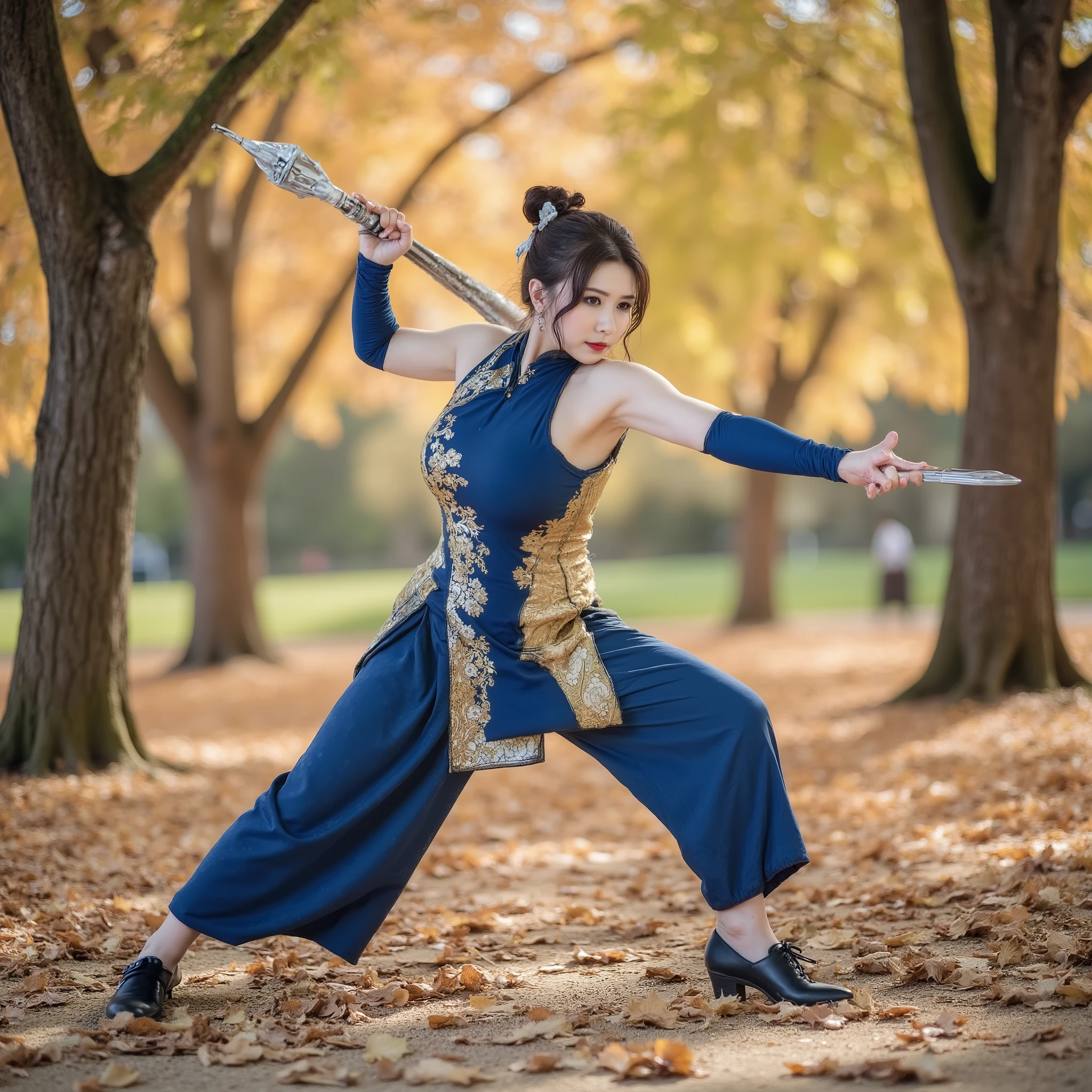 A professional photograph of a young woman posing in a traditional oriental outfit in an autumn park. She has an athletic physique, fair skin, and dark brown hair styled in a neat bun adorned with a delicate white accessory. She is wearing a qipao in deep blue with golden and silver floral accents, perfectly fitted to highlight her movement. She holds a pair of fantasy-inspired weapons in her hands, adding a dynamic and fierce element to her look. Her pose is dramatic and action-packed, with one leg fully extended forward and her torso leaning low, exuding a sense of balance and power. One arm is stretched out defensively while the other is ready for attack, creating a captivating sense of motion. Her expression is focused and intense, complementing the energy of her pose. The background is a vibrant autumn park, featuring tall trees with golden leaves and a ground blanketed in fallen foliage. The natural scenery contrasts beautifully with her bold and dynamic pose. The lighting is soft and natural, with sunlight filtering through the trees, casting warm, golden tones across the scene. The colors are vivid, with the deep blue of her qipao standing out against the yellow and brown hues of the background. The shallow depth of field blurs the background slightly, emphasizing the model and her dynamic action. The overall effect is cinematic, hyper-realistic, and evokes a sense of elegance and strength in harmony with nature.