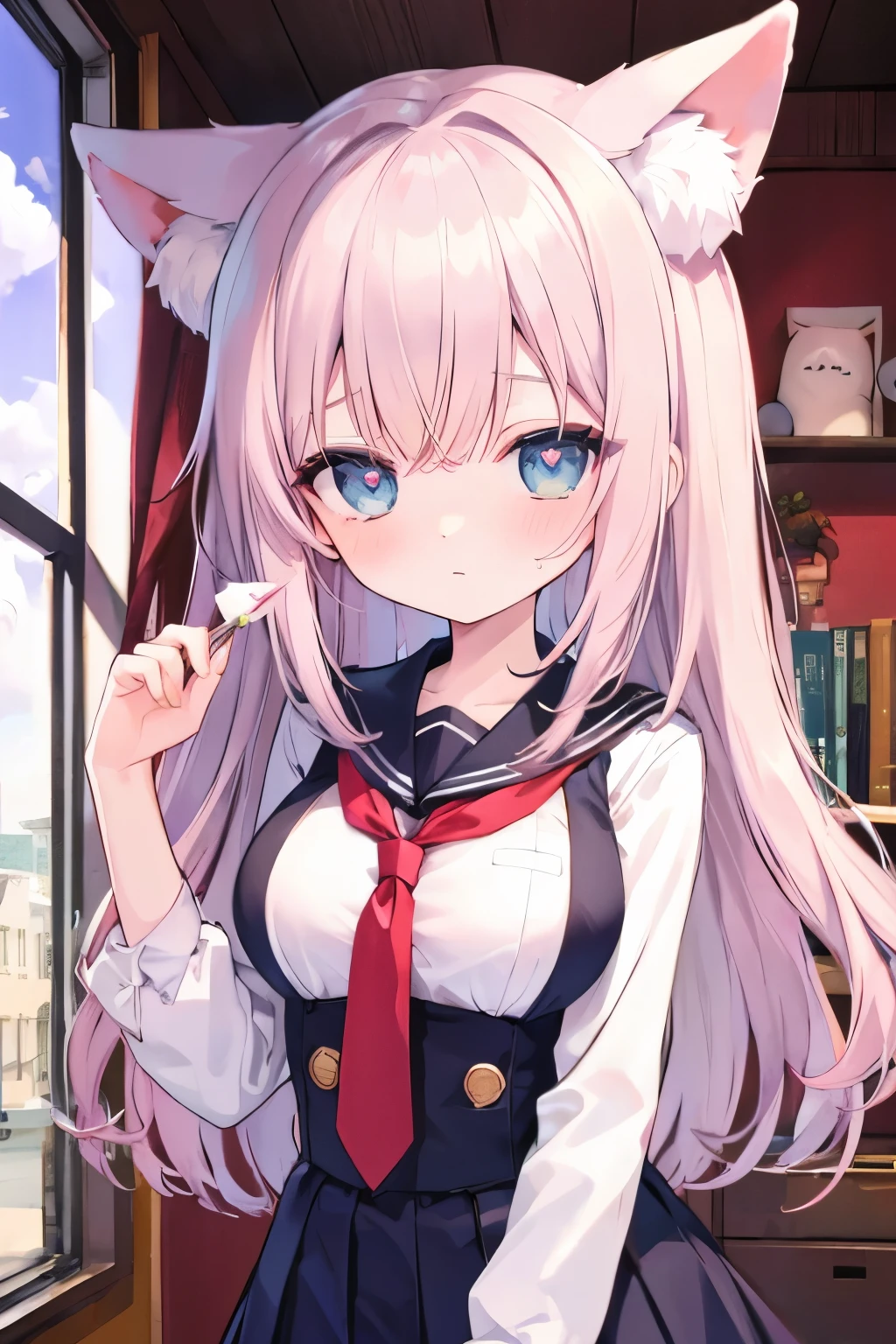 Navy Uniform、 、 Light Pink Hair ,Very beautiful and Eyeliner、 Eyeliner、 in the seat、 big breasts、Cat ears、((((( )))))、heart❤、((sweat、vapor))