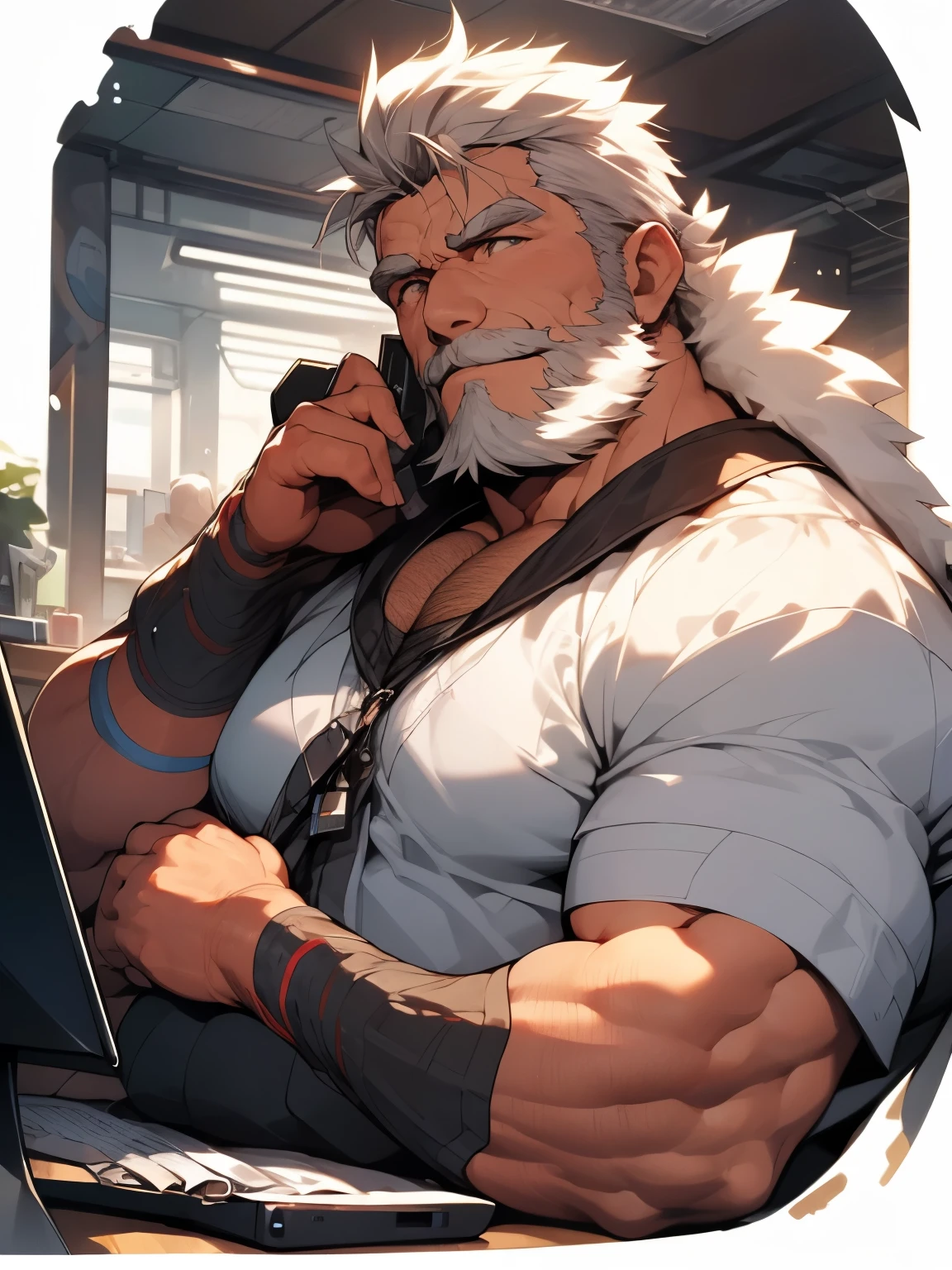 Main Single 、 Very Fine 、 Detailed Face 、 Delicate Eyes 、 detailed hand 、Detailed description、View Full Body(Upper-Body Below )、 Strong Body 、Fat(Fat、Fat)、silver hair、long beard、Good arm、Good eyes、 elderly、 Computer Punk Costume