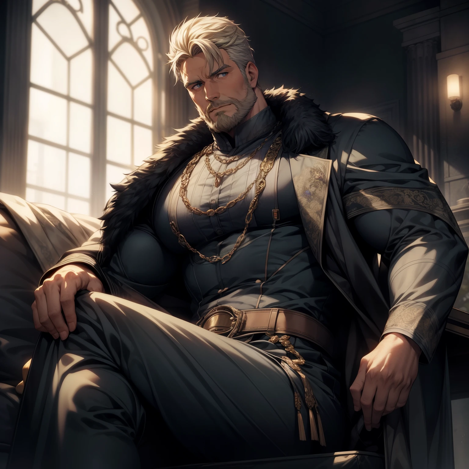 A monarch in a frozen forest , Alpha Male , His legs crossed he sat , Fat muscles, Very fine face , Details Eyes , majestic lord, Wearing a bold piece of women's clothing , without pants , detailed clothing, clothes transparent , Clothes lost , Chest with low neckline , An exquisite belt at the waist , Muscularly developed pectoral muscles , Very prominent pectoral muscles , Gaze at the viewer, momentum, bright purple eyes , Short white hair , Your hair combed to one side , with a beard that makes your face look straight, He is serious , Wonderful exquisite detail Masterpiece , Beautiful cinema-like light depth focus , chic, digital painting, Smooth ass, Sharp focus , golden ratio, intense light shadow effect , 【8k, Pixiv, only