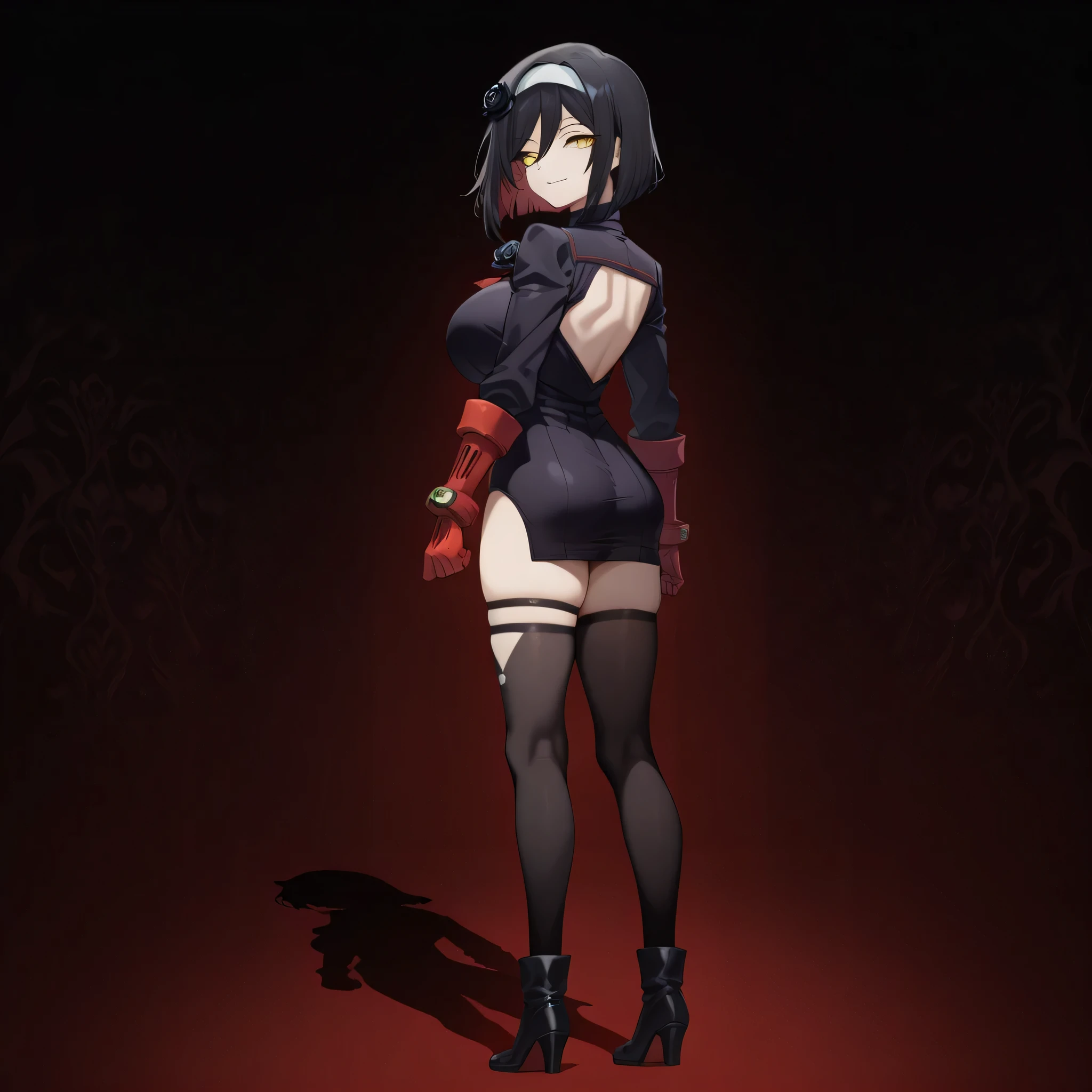 anime, (masterpiece), (best quality), (ultra-detailed), (best illustration), (best shadow), (absurdres), (detailed background), (very aesthetic), shiny, detailed beautiful eyes, outstanding, countershading, detailed soft lighting, an exquisite animation illustration, 1girl, solo, anheang, Dollsuit, thighthigh, dark persona, empty eyes, expressionless, blank eyes, looking at viewer, red gloves, full body, emotionless, Fighting Stance, hair ornament, submissive pose, seductive pose, large breast, huge breast, medium hair, colored inner hair, yellow eyes, hairband, eyeliner, black rose, black hair, light smile, black rose background, glowing eyes, dark theme, from back, from behind, looking from back, view from back, seductive smile, glowing eyes,