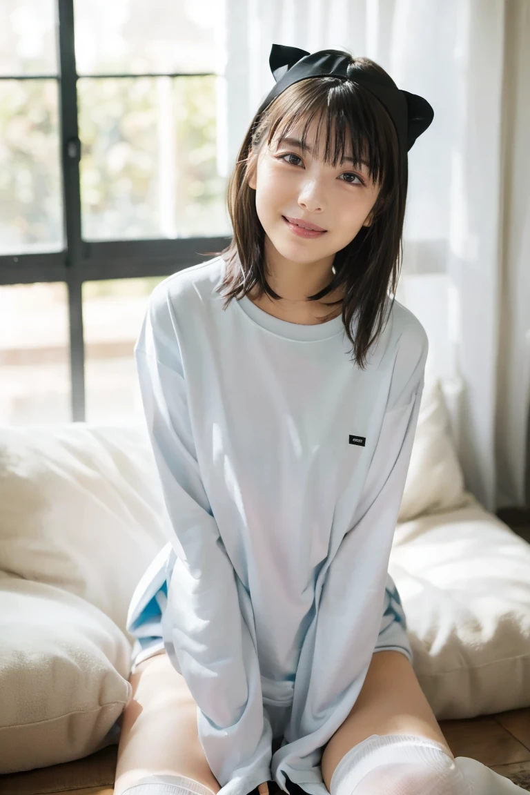(RAW photo, best quality, masterpiece: 1.2), (photorealistic: 1.4), best lighting, 20 years old, (light gray hair, short bob cut, hair in 7 thirds, hair over one ear, Symmetrical eyes, solo, Detailed Skin :1.2), (((naked)))