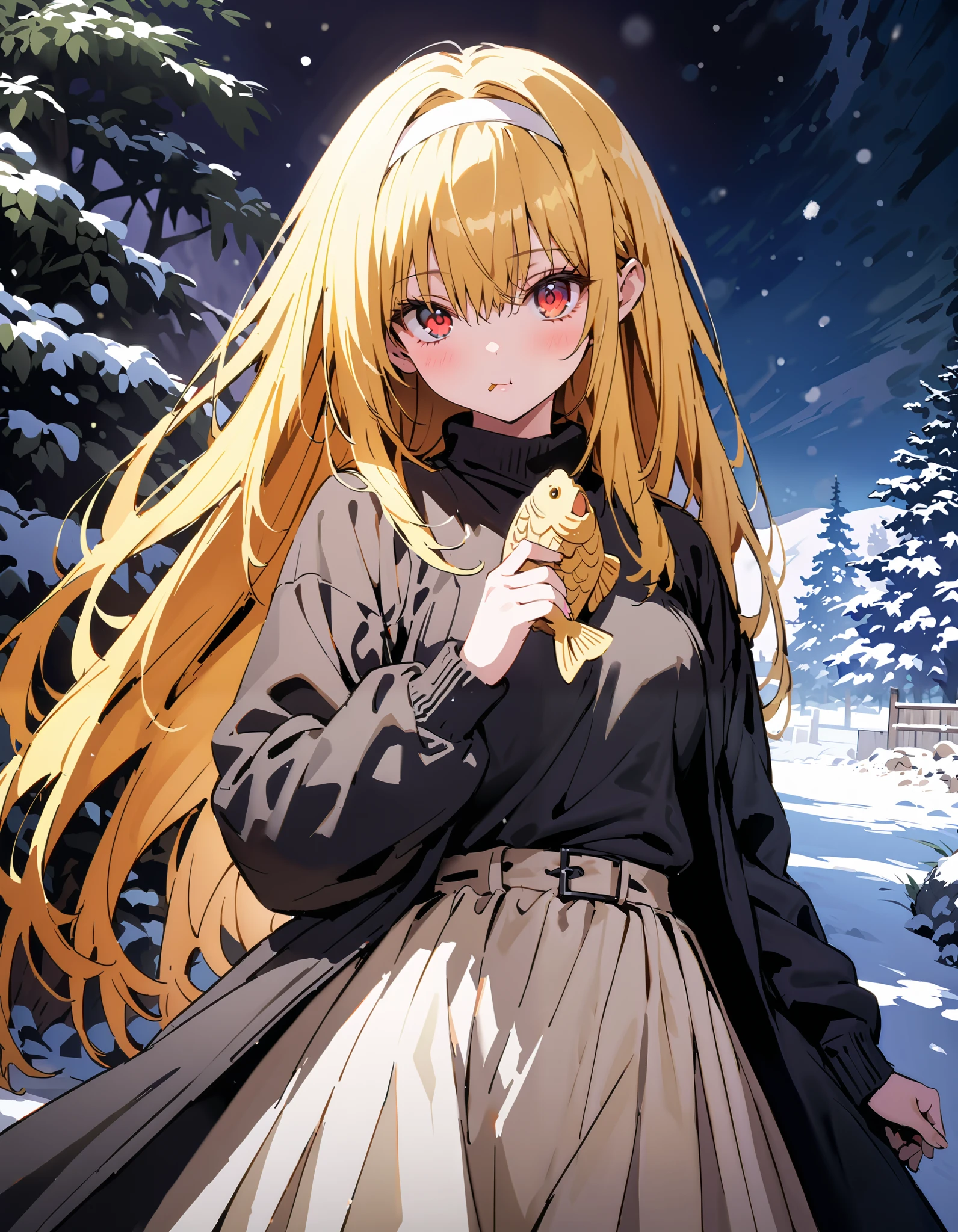 toloverudarkness, darkness, yellow hair, long hair, red eyes , Hair Ornament,White hair band ,White muffler, black down coat ,( sweater :1.2),( turtleneck:1.2), white long skirt,Walking around eating with taiyaki in one hand,Eating taiyaki ,snow,whole bodyがイラストに入るように,
break outdoors, garden,
break looking at viewer,whole body,
break ( Masterpiece:1.2), top quality , kampala, Unity 8k Wallpaper,(shape:0.8),( fine, beautiful eyes :1.6),It's a person ,whole body写真,CG Details , ( perfect hands, Complete Anatomy),