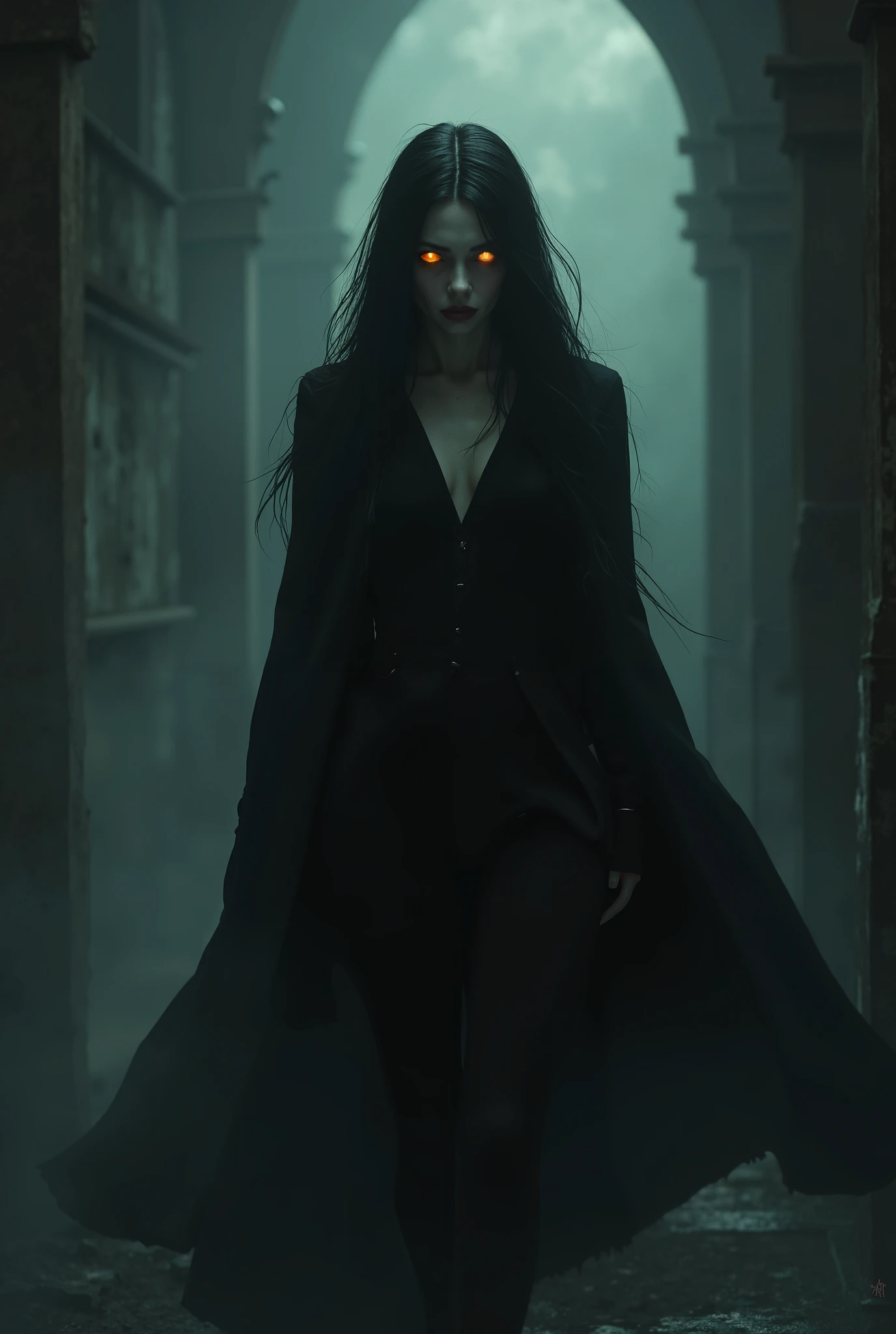 ((a female vampire's pair of glowing eyes shines)) full body picture, the fog hides the face, and most of the body you see only the glowing eyes , you see only the pair of eyes, fantasy dark alley background, the fog fills the alley, you see only the glowing eyes
