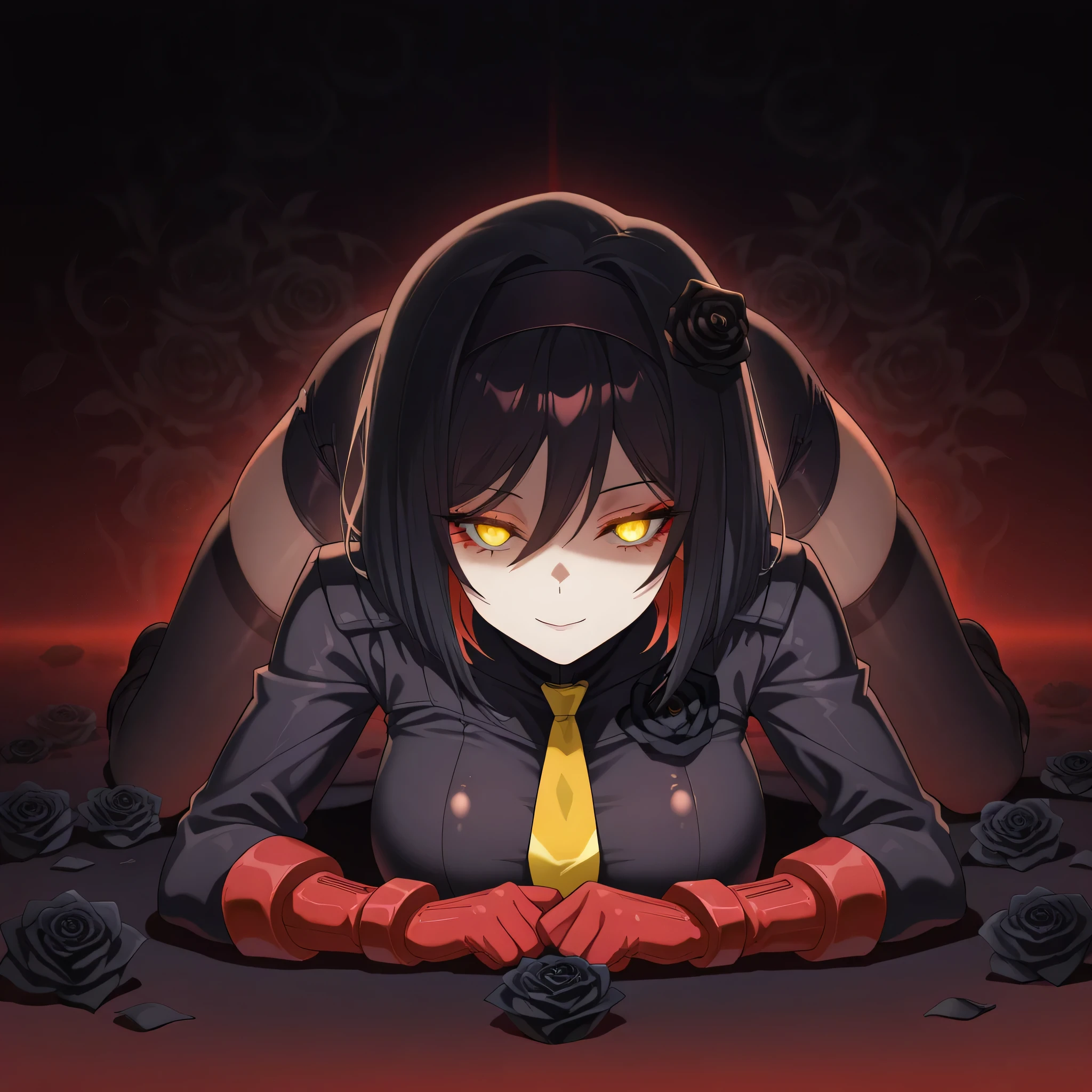 anime, (masterpiece), (best quality), (ultra-detailed), (best illustration), (best shadow), (absurdres), (detailed background), (very aesthetic), shiny, detailed beautiful eyes, outstanding, countershading, detailed soft lighting, an exquisite animation illustration, 1girl, solo, anheang, Dollsuit, thighthigh, dark persona, looking at viewer, red gloves, yellow necktie, full body, Fighting Stance, hair ornament, submissive pose, seductive pose, large breast, huge breast, medium hair, colored inner hair, yellow eyes, hairband, eyeliner, black rose, black hair, light smile, black rose background, glowing eyes, dark theme, lying down on flower, lying down, seductive smile, glowing eyes,
