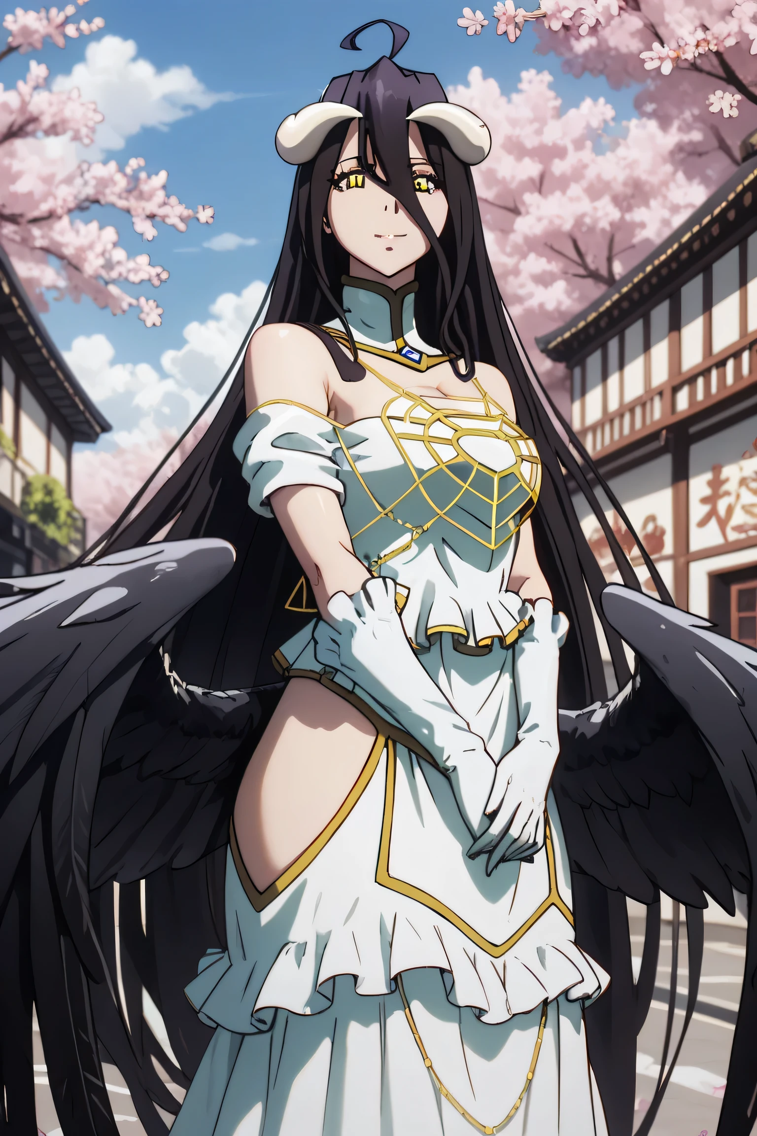 beautiful detailed eyes, masterpiece, best quality, intricate details, absurdres, 1girl, solo, masterpiece, outdoors, street, cherry blossoms, cowboy shot, looking at viewer, shiny skin, albedo (overlord), yellow eyes, slit pupils, horns, black hair, absurdly long hair, hair between eyes, ahoge, feathered wings, low wings, white dress, jewelry, bare shoulders, frills, white gloves, frilled gloves, hip vent, long dress, reaching out