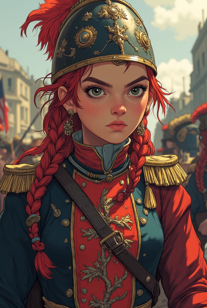 Une guerrière napoléonienne, roux, tresses, casque en fourrure napoléonienne , Bagues Boucles d'oreilles