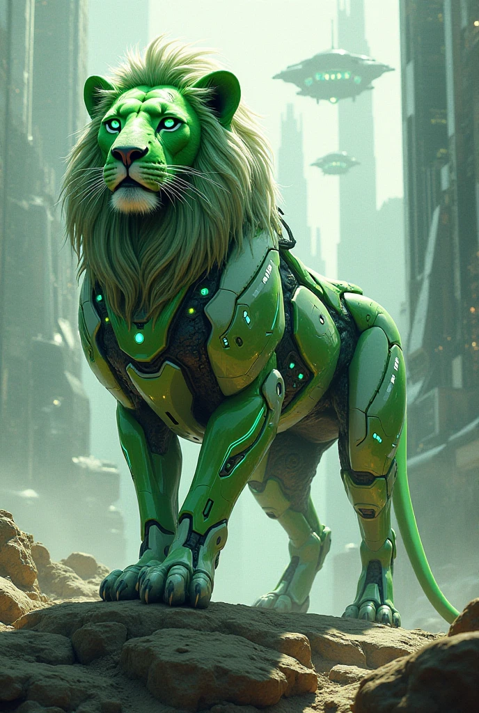 Male lion with green eyes and dark hair with 2 braids in the wind wearing high heels, crouching showing green tongue. On a futuristic neon background