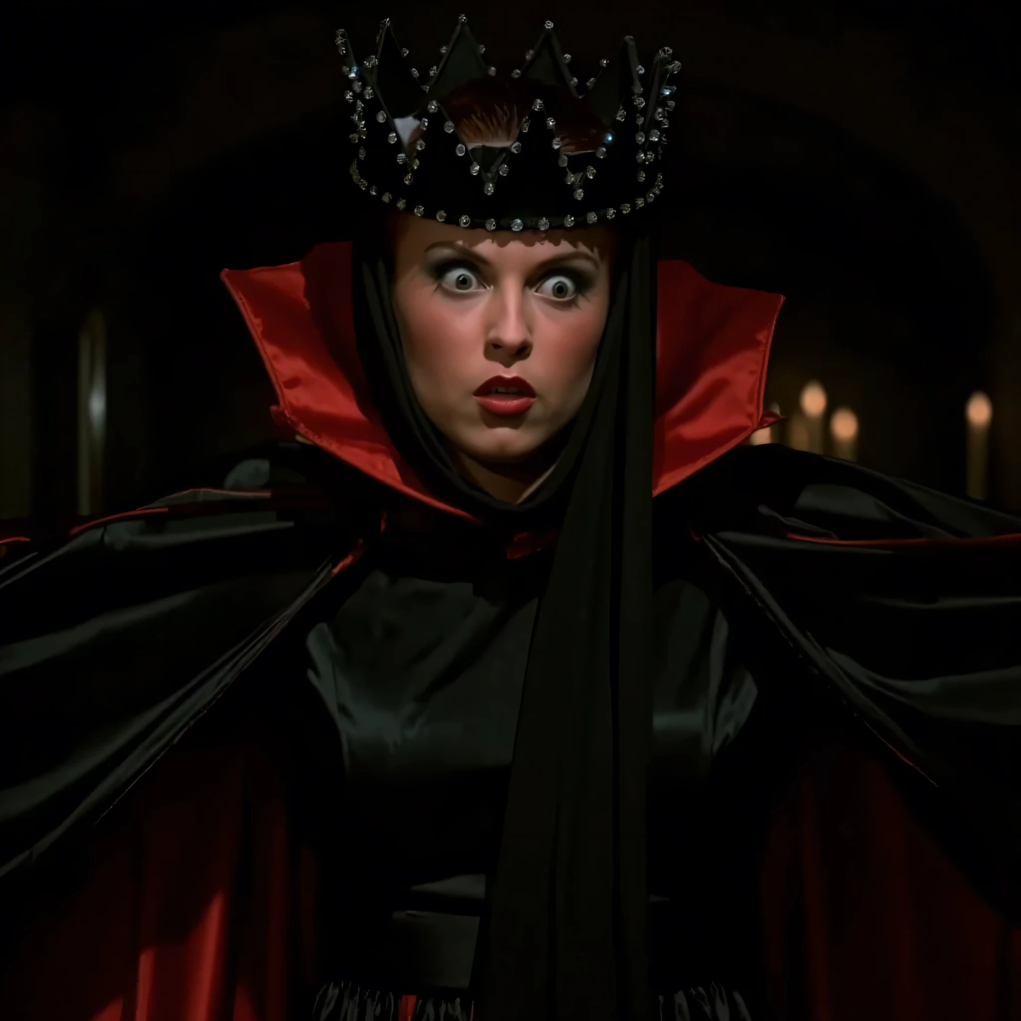 cinematic closeup film still of Evil Queen a Long shot of a surprised woman with Huge Wide Bulging Eyes , Very busty in a black costume, Long Black Satin Cape with red satin Lining and a black crown with wide staring eyes and a shock expression on her face in 1500s 15th century, 1girl, solo, hat, upper body, lips, makeup, black background, crown, lipstick, realistic, red lips, shallow depth of field, vignette, highly detailed, high budget, bokeh, cinemascope, moody, epic, gorgeous, film grain, grainy