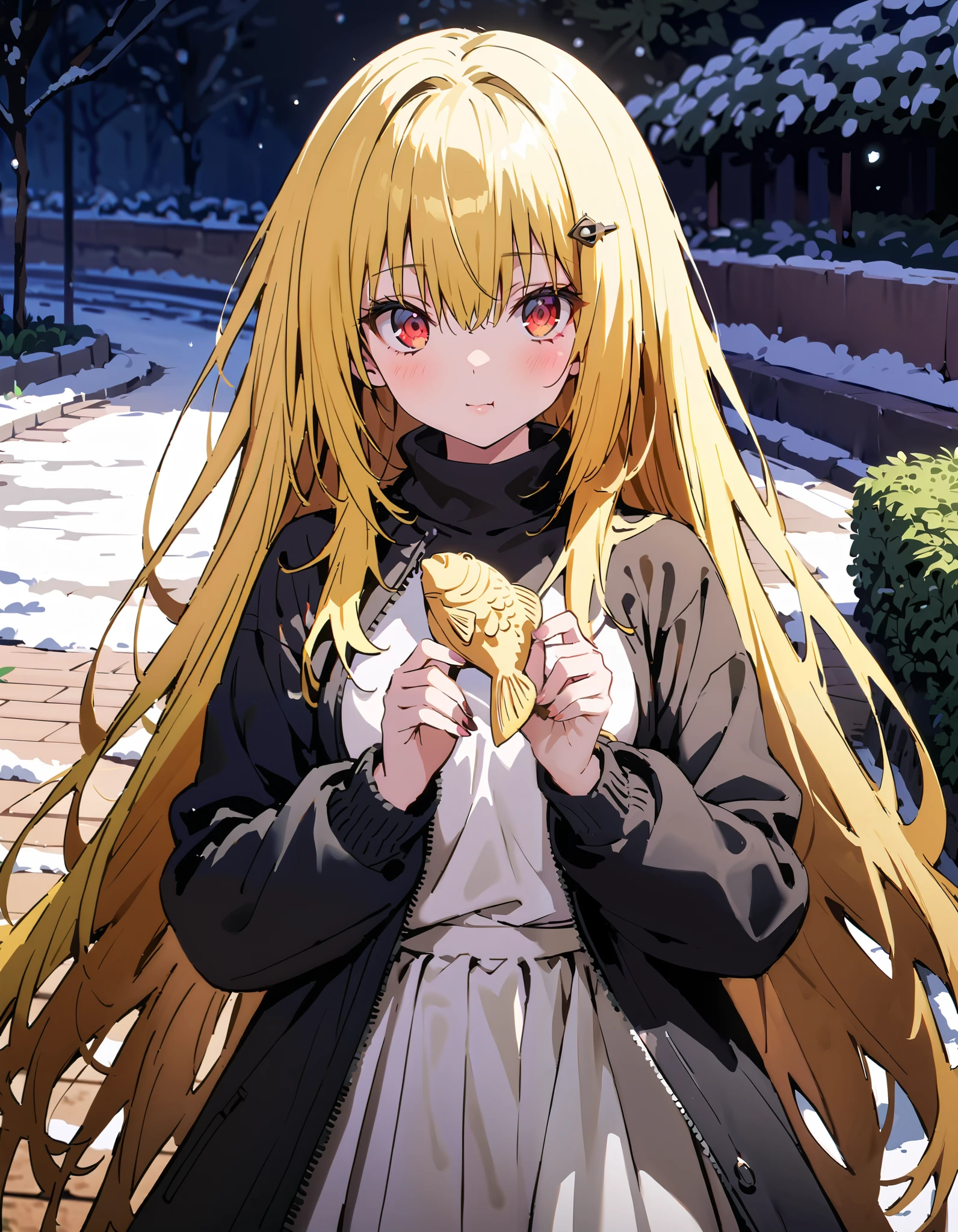 toloverudarkness, darkness, yellow hair, long hair, red eyes , Hair Ornament,White hair band ,White muffler, black down coat ,( sweater :1.2),( turtleneck:1.2), white long skirt,Walking around eating with taiyaki in one hand,Eating taiyaki ,snow,whole bodyがイラストに入るように,
break outdoors, garden,
break looking at viewer,whole body,
break ( Masterpiece:1.2), top quality , kampala, Unity 8k Wallpaper,(shape:0.8),( fine, beautiful eyes :1.6),It's a person ,whole body写真,CG Details , ( perfect hands, Complete Anatomy),
