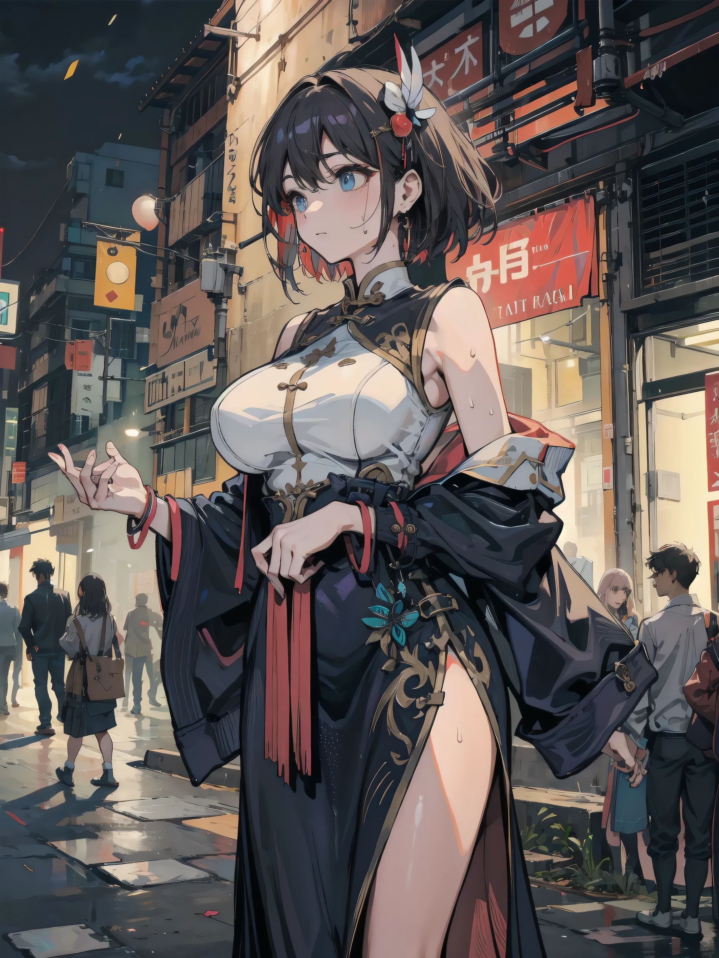 ((Best quality)), ((Masterpiece)), ((Ultra-detailed)), (illustration), (Detailed light), (An extremely delicate and beautiful),A charming young girl,on cheongsam,hong kong,Kowloon Street