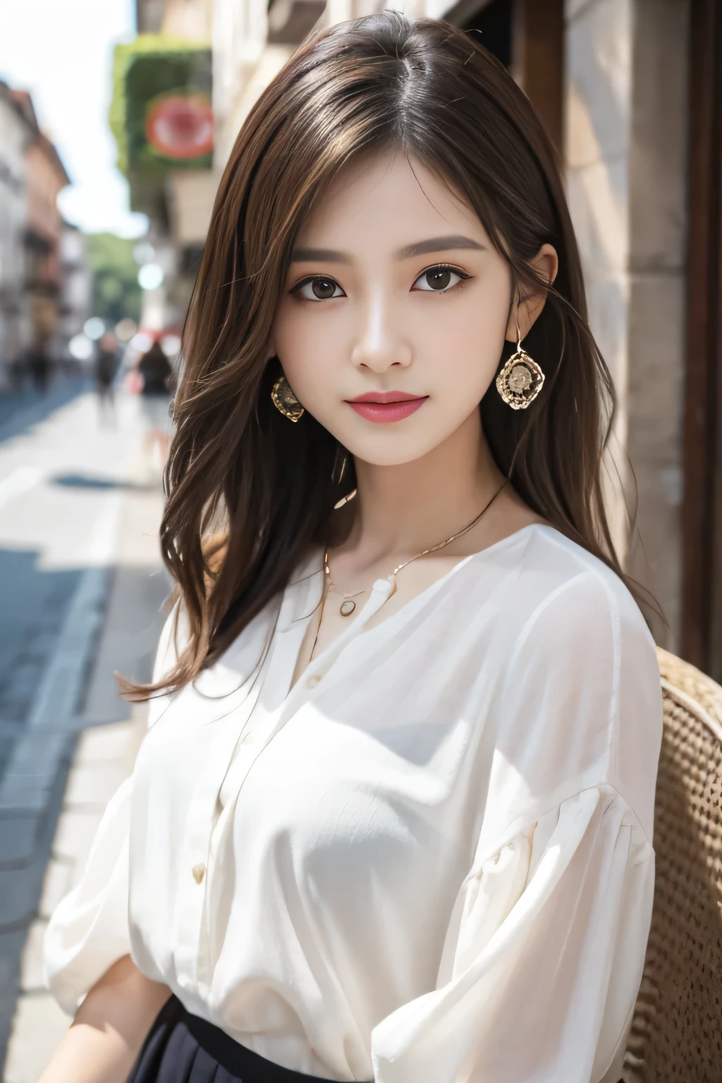 A woman in a white shirt and black skirt posing for a picture - SeaArt AI