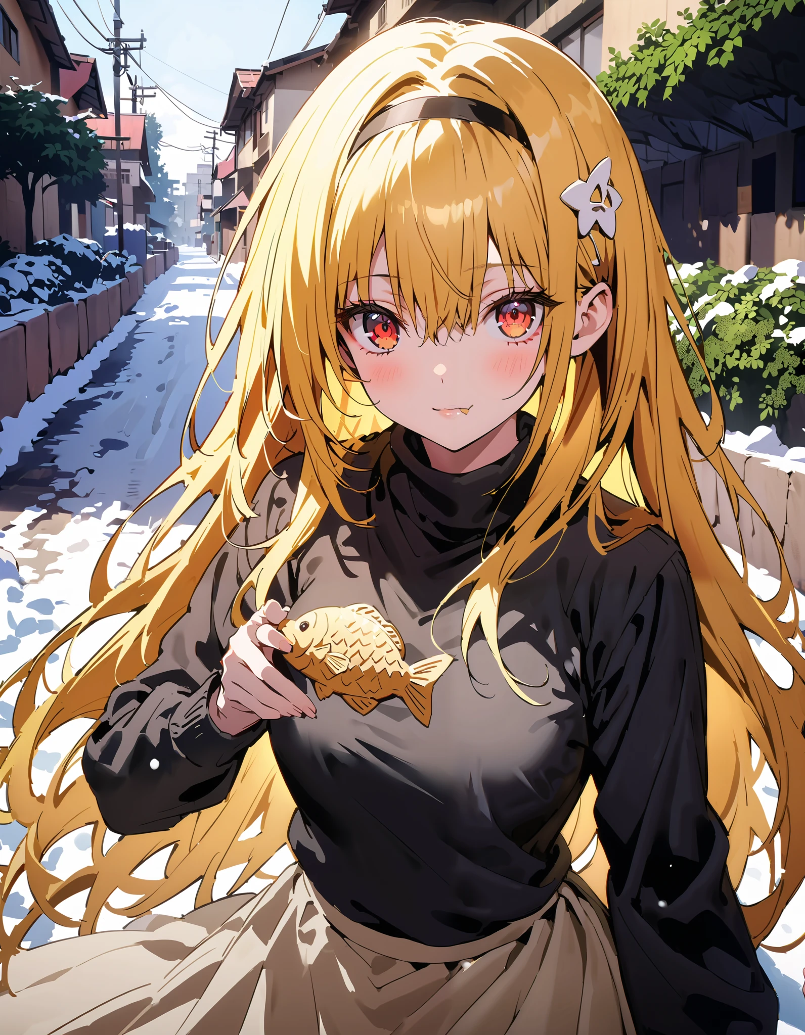 toloverudarkness, darkness, yellow hair, long hair, red eyes , Hair Ornament,White hair band ,White muffler, black down coat ,( sweater :1.2),( turtleneck:1.2), white long skirt,Walking around eating with taiyaki in one hand,Eating taiyaki ,snow,whole bodyがイラストに入るように,
break outdoors, garden,
break looking at viewer,whole body,
break ( Masterpiece:1.2), top quality , kampala, Unity 8k Wallpaper,(shape:0.8),( fine, beautiful eyes :1.6),It's a person ,whole body写真,CG Details , ( perfect hands, Complete Anatomy),