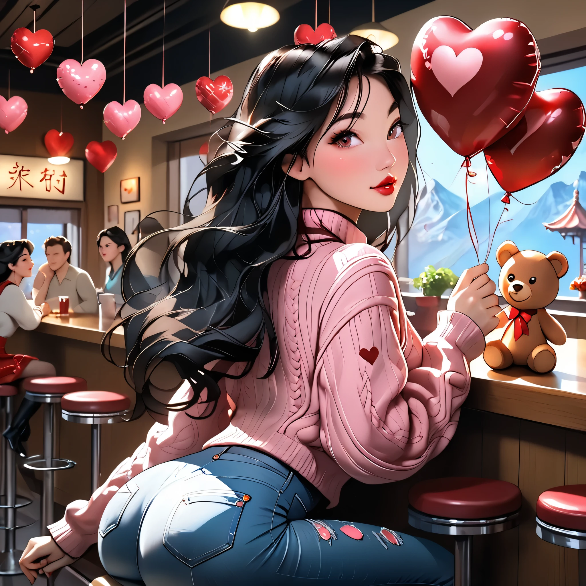 (beautiful girl:1.3),1girl,masterpiece,Highest quality,Ultra-high resolution,rich contrast,super high quality,8k,Highly detailed CG unit wallpaper,texture,Incredibly absurd,Ultra-high resolution,Highest quality anime,professional photograph,an extremely delicate and beautiful,RAW Photos,Depth of Field 1.2,ultra-detailed eyes,Glitter Effect,Beautiful glossy lips, 25years old, gorgeous legs, noise perfect, gorgeous ass, Fa Mulan from Disney, from behind, background random, ( Looking Back), gorgeous ass, dynamic pose, skinny jeans, (translucent white blouse), long sleeves, low back, no bra, sensual woman, seductive woman, mature woman, Milf, maternal, shy look, full body, MulanXLP, black hair, long hair, Setting: A fair with neon lights, She is holding a teddy bear with a red bow and several heart balloons float around her. His eyes reflect love and sweetness, Outfit: An oversized burgundy sweater with a turtleneck, leather leggings and tall black boots. Accessories: Wool gloves, a scarf in pink tones and a knitted hat with a pompom. Hair and makeup: Messy braids, natural makeup with a little highlighter and raspberry lips. in a cafeteria decorated with garlands of hearts,