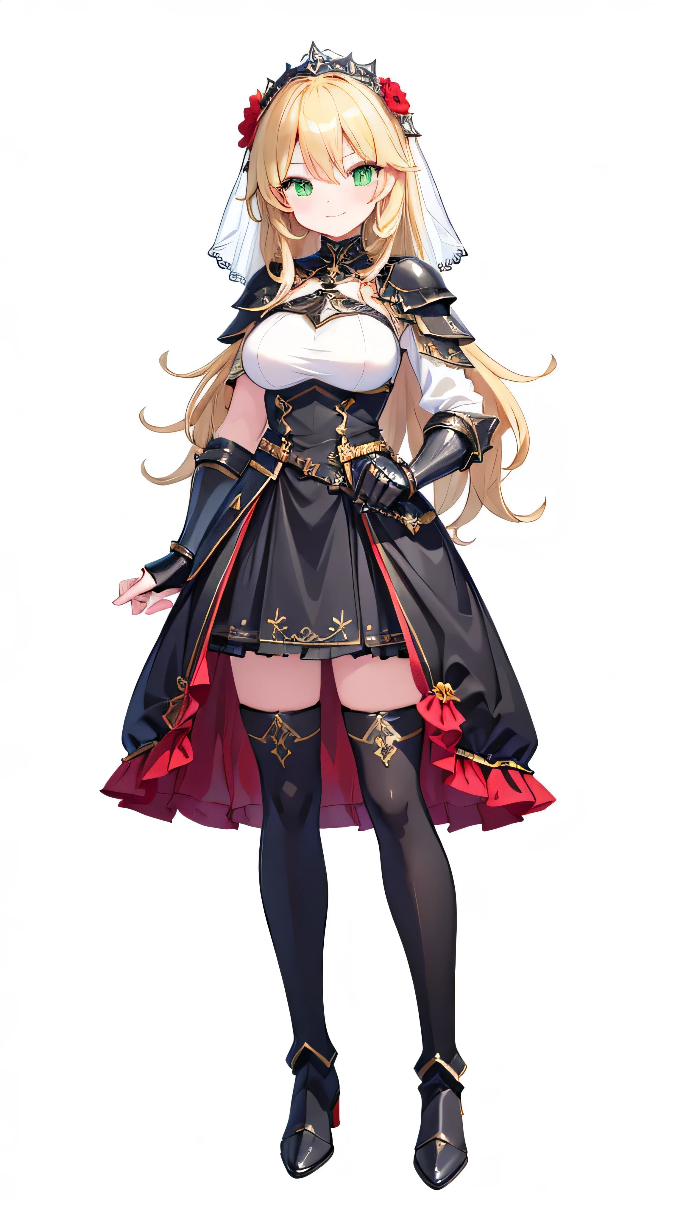 Masterpiece, top quality,(((( Solid White Background , no background)))), ((1 human tall woman,adult,full body,)),(huge breast:1.1),((Shoulder-length wavy blonde,)),(( detailed green eyes,)), (( black knight armor, black thigh-high boots, black gauntlet , black tights, black skirt ,)), (( wearing a white veil with red flowers,)), pale skin , I don't hold anything in my hands ,smile, standing straight, composition from an oblique side, watching here