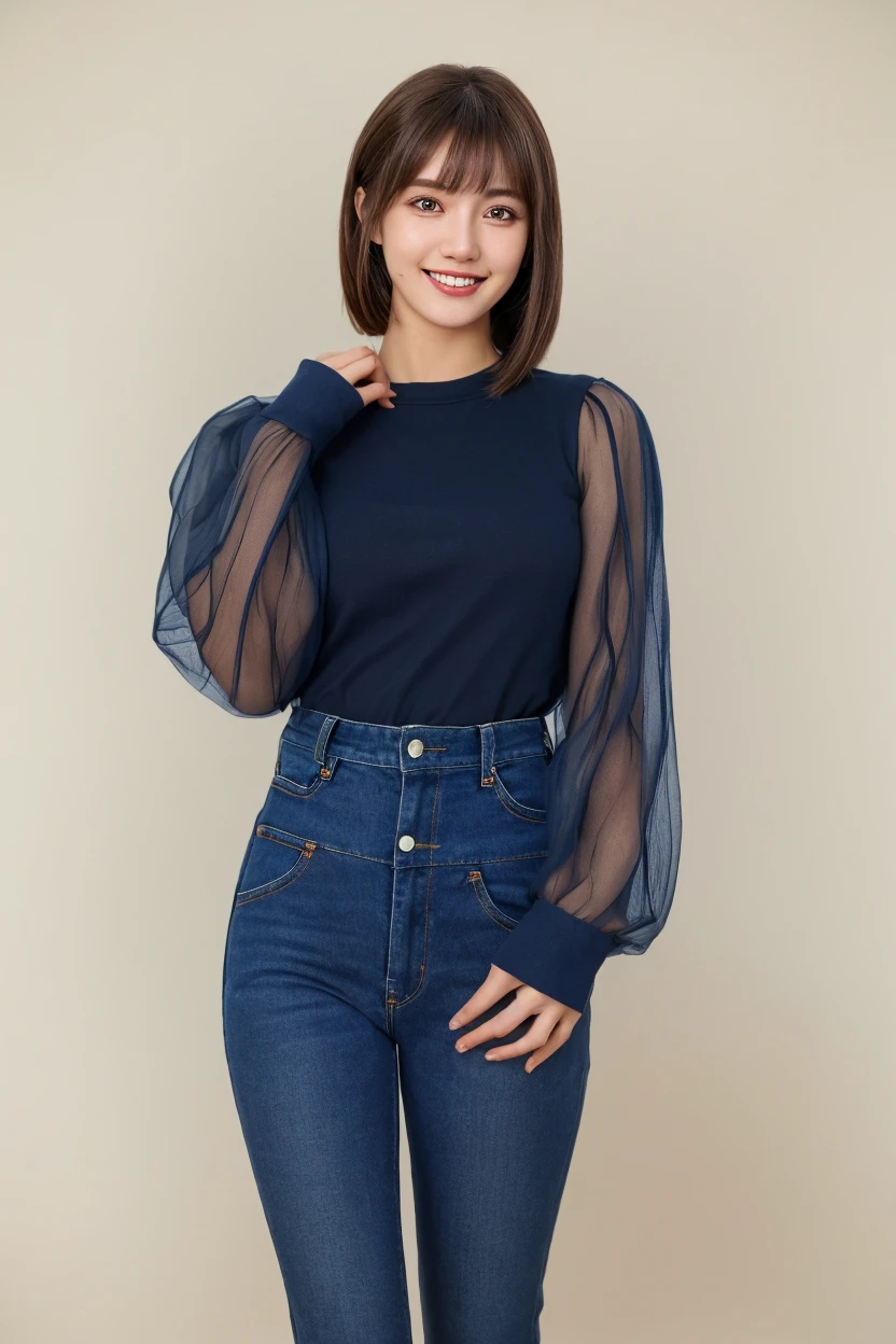 masutepiece, Best Quality, Photorealsitic, masterpiece, hight resolution, 8K,1 Japan、A MILF, Beautuful Women, chubby figure, Tight long-sleeved shirt、Tight jeans、Beautiful detailed eyes, Big, bobhair, short-hair, Look at viewers, dark brown hair, natural soft light, Highly detailed facial and skin texture, foco nítido, seducting smile, looking at the viewers, Curvaceous, seductived faced,(Standing facing the front)、 ((Fulll body Shot))、(((high-heels)))
