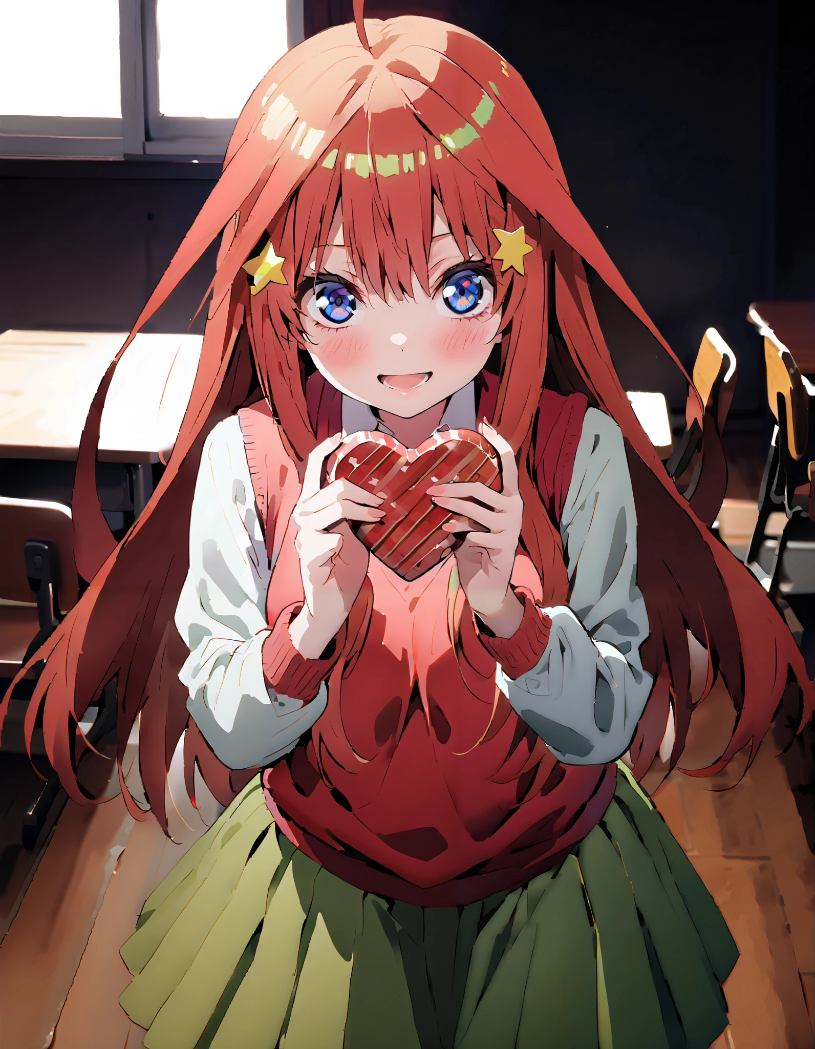 itsukinakano, Nakano Mizuki ,Alone, bangs, blue eyes, çµç¹ , stupid hair, long hair,Red Hair, star \( symbol \), Hair Ornament, star Hair Ornament,smile,blush, open your mouth,break skirt, shirt, school uniform, clavicle, white shirt, Long Sleeve, pleated skirt, socks, collared shirt, miniskirt, knee-high, white socks, ( green skirt :1.5), sweater vest, (red sweater vest:1.5),Hold a heart-shaped present with both arms,whole bodyが illustrationに入るように,
break indoors, classroom,
break looking at viewer, whole body,(cowboy shot:1.5),
break ( Masterpiece:1.2), top quality, Hi-Res, Unity 8k Wallpaper, ( illustration:0.8), ( beautiful detailed eyes :1.6), Extremely Detailed Faces, perfect lighting, very detailed CG , ( Perfect Hands, perfect anatomy),