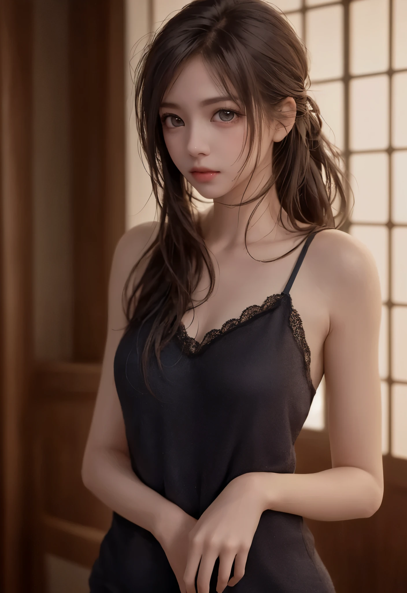 long hair, 8K, of the highest quality, masutepiece:1.2), (Realistic, Photorealsitic:1.37), of the highest quality, masutepiece, Beautiful young woman, Pensive expression, Gentle eyes, sexy camisole、Hair tied back, Messy mood, Cinematic background, Light skin tone
