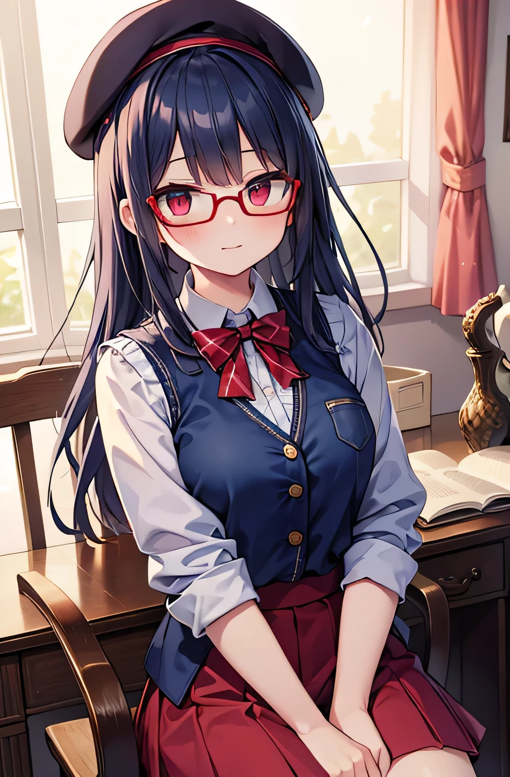 high quality Masterpiece beautiful girl dark blue hair long hair red eyes lori small breasts proud face feathered beret Grey Shirt White vest red skirt Glasses Study