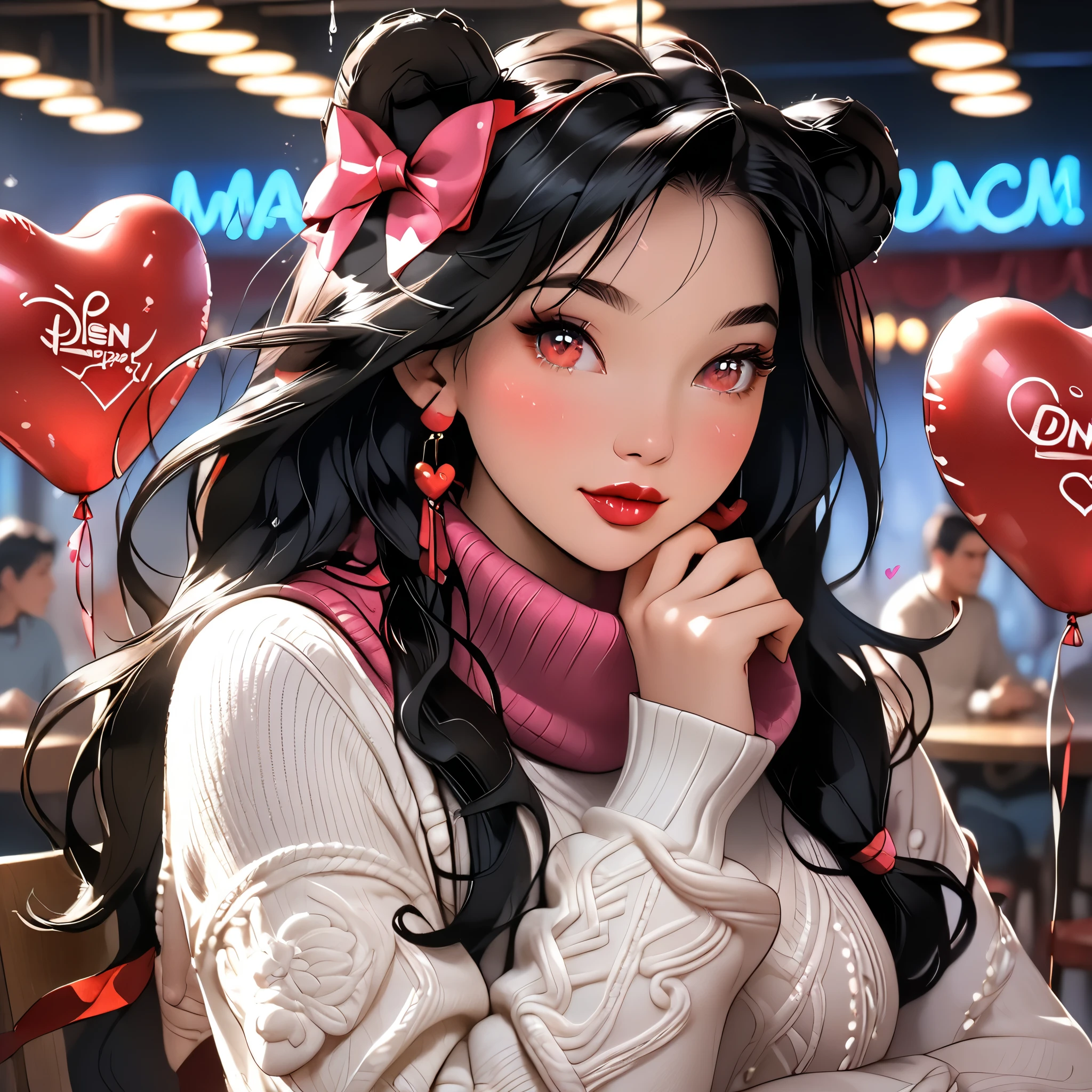 (beautiful girl:1.3),1girl,masterpiece,Highest quality,Ultra-high resolution,rich contrast,super high quality,8k,Highly detailed CG unit wallpaper,texture,Incredibly absurd,Ultra-high resolution,Highest quality anime,professional photograph,an extremely delicate and beautiful,RAW Photos,Depth of Field 1.2,ultra-detailed eyes,Glitter Effect,Beautiful glossy lips, 25years old, gorgeous legs, noise perfect, gorgeous ass, Fa Mulan from Disney, gorgeous ass, dynamic pose, skinny jeans, (translucent white blouse), long sleeves, no bra, sensual woman, seductive woman, mature woman, Milf, maternal, shy look, full body, MulanXLP, black hair, long hair, Setting: A fair with neon lights, She is holding a teddy bear with a red bow and several heart balloons float around her. His eyes reflect love and sweetness, Outfit: An oversized burgundy sweater with a turtleneck, leather leggings and tall black boots. Accessories: Wool gloves, a scarf in pink tones and a knitted hat with a pompom. Hair and makeup: Messy braids, natural makeup with a little highlighter and raspberry lips. in a cafeteria decorated with garlands of hearts,