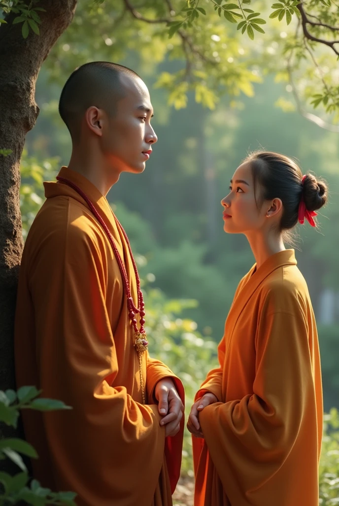 Create a roleplaying image of a monk in golden robes with wide eyes, shaven hair, he visits his sister with black hair tied in a bun, his clothes are red. Japanese style. Bohemian atmosphere in the medieval era. 