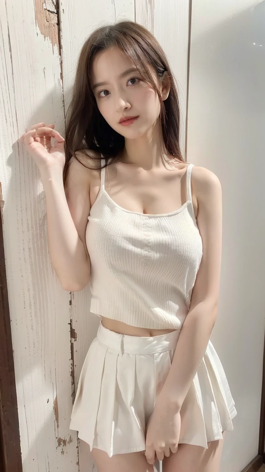 (Half eyes closed: 1.3, Eyes half closed: 1.3), 16 year old cute Korean, big round breasts, cleavage, cropped length top, skirt, beautiful eyes in detail, eyelashes, beautiful double eyelids, eyeshadow, hanging eyes, (thin beautiful thighs, beautiful thin legs), perfect eye makeup, (seductive smile, jagged expression, evil expression)), sitting on a chair in the president's office, brown hair