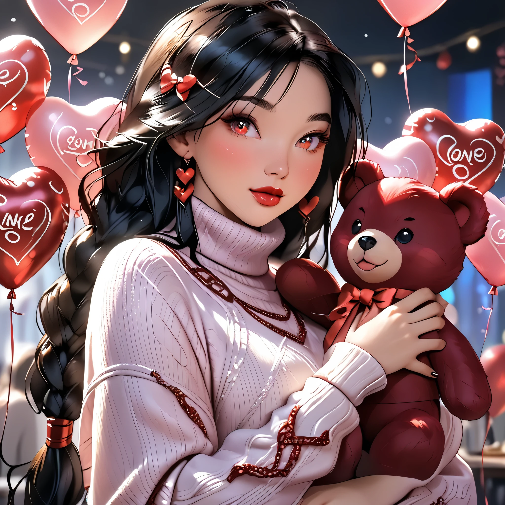 (beautiful girl:1.3),1girl,masterpiece,Highest quality,Ultra-high resolution,rich contrast,super high quality,8k,Highly detailed CG unit wallpaper,texture,Incredibly absurd,Ultra-high resolution,Highest quality anime,professional photograph,an extremely delicate and beautiful,RAW Photos,Depth of Field 1.2,ultra-detailed eyes,Glitter Effect,Beautiful glossy lips, 25years old, gorgeous legs, noise perfect, gorgeous ass, Fa Mulan from Disney, gorgeous ass, dynamic pose, skinny jeans, (translucent white blouse), long sleeves, no bra, sensual woman, seductive woman, mature woman, Milf, maternal, shy look, full body, MulanXLP, black hair, long hair, Setting: A fair with neon lights, She is holding a teddy bear with a red bow and several heart balloons float around her. His eyes reflect love and sweetness, Outfit: An oversized burgundy sweater with a turtleneck, leather leggings and tall black boots. Accessories: Wool gloves, a scarf in pink tones and a knitted hat with a pompom. Hair and makeup: Messy braids, natural makeup with a little highlighter and raspberry lips. in a cafeteria decorated with garlands of hearts,