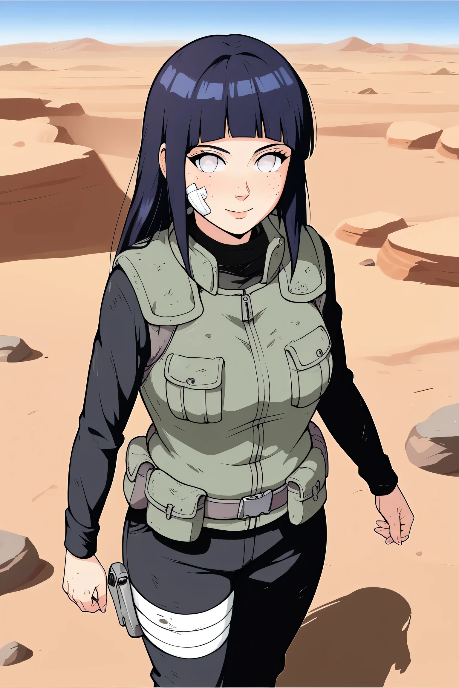 This anime-style character has a striking and detailed appearance.
Her face is delicate and youthful, with large, light purple, almost white eyes, giving her a mysterious and distinctive appearance. She has a serene and confident expression, with a slight smile.
Her long, straight, dark blue-black hair features neat bangs that elegantly frame her face. Her fair skin is marked with freckles, and she has a small bandage on her left cheek, hinting at recent combat. She wears a green tactical vest with multiple pockets over a black, long-sleeved shirt, giving her a military or ninja aesthetic. A belt with additional pouches and white bandages or a tactical strap on her right thigh enhance her war-like appearance. The background features a desert landscape with scattered dunes and rocks, illuminated by natural sunlight that highlights her features and outfit.