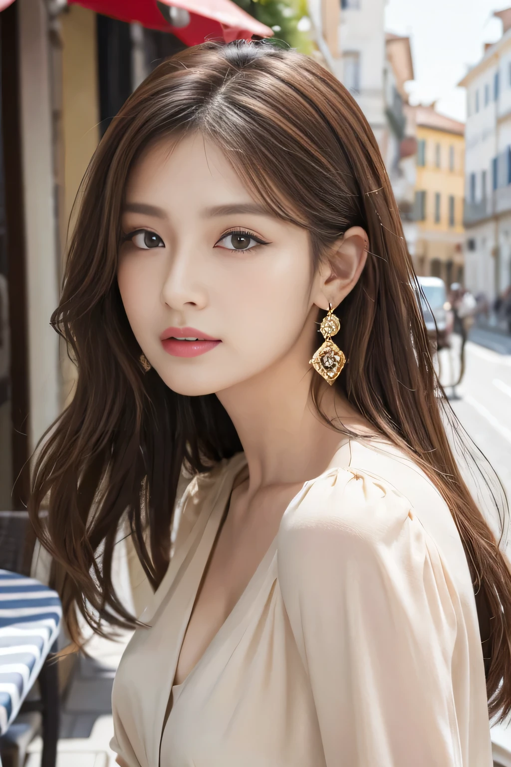 masterpiece, Highest quality, Realistic, Very detailed, Finer details, High resolution, 8k wallpaper, One beautiful woman,Wear a nice blouse, On the terrace of a lovely cafe, at noon, Light brown messy hair, Perfect dynamic composition, Beautiful and beautiful eyes、Big earrings、