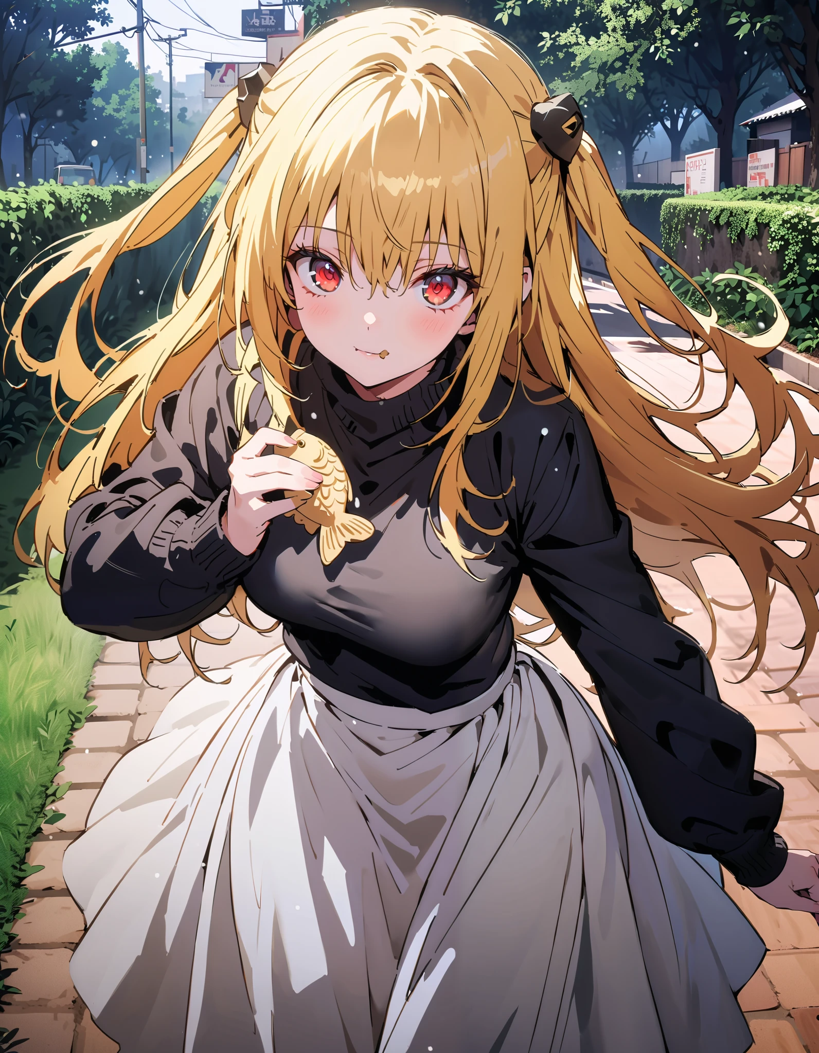 toloverudarkness, darkness, yellow hair, long hair, red eyes , Hair Ornament,White hair band ,White muffler, black down coat ,( sweater :1.2),( turtleneck:1.2), white long skirt,Walking around eating with taiyaki in one hand,Eating taiyaki ,snow,whole bodyがイラストに入るように,
break outdoors, garden,
break looking at viewer,whole body,
break ( Masterpiece:1.2), top quality , kampala, Unity 8k Wallpaper,(shape:0.8),( fine, beautiful eyes :1.6),It's a person ,whole body写真,CG Details , ( perfect hands, Complete Anatomy),