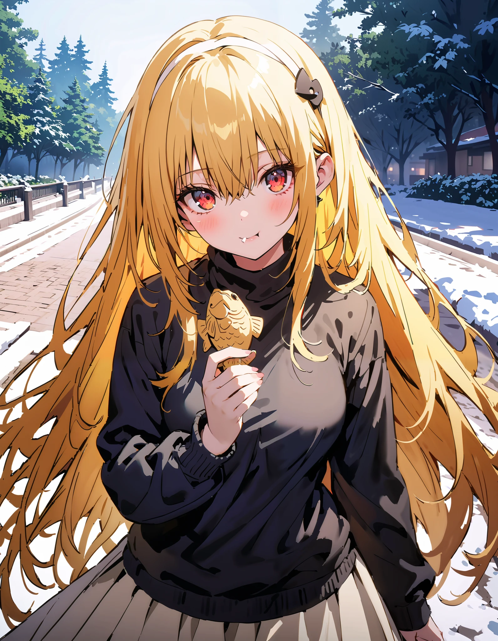 toloverudarkness, darkness, yellow hair, long hair, red eyes , Hair Ornament,White hair band ,White muffler, black down coat ,( sweater :1.2),( turtleneck:1.2), white long skirt,Walking around eating with taiyaki in one hand,Eating taiyaki ,snow,whole bodyがイラストに入るように,
break outdoors, garden,
break looking at viewer,whole body,
break ( Masterpiece:1.2), top quality , kampala, Unity 8k Wallpaper,(shape:0.8),( fine, beautiful eyes :1.6),It's a person ,whole body写真,CG Details , ( perfect hands, Complete Anatomy),