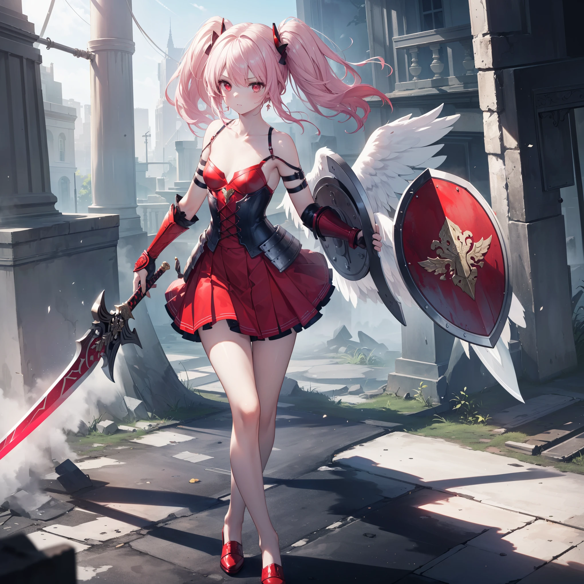 ((Angel girl with sword and shield)), High-quality, masterpiece, delicate hair, intricate eyes, high resolution, exceptional detail, photo-realistic, ((a single girl, full-body depiction, cute girl, beautiful girl, long pink hair, twin-tails, red eyes, angel wings, realistic, face, small chest, crimson armor dress, red shoulder armor)), removed silver-haired white man, ((proper hand anatomy:1.4)), ((proper body anatomy:1.4)), ((proper leg anatomy:1.4)), ((red sword and red shield, red gauntlets, bare shoulders, detailed red armor, jewels, bustier, red skirt, mini-skirt, intricate details, short straps)), deep focus, high definition, very detailed, student, sharp concentration, cinematic lighting, daikon, long loose hair, upper body, ruins, strong shadows, ash, one girl, alone, ink wash painting, ink splattering, color splattering.