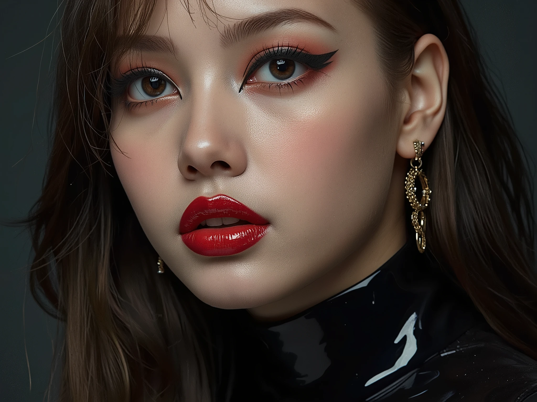 Close up of face, deep red lips, lip gloss, shiny lips, eyeliner flicks, thick eyeliner, latex outfit
