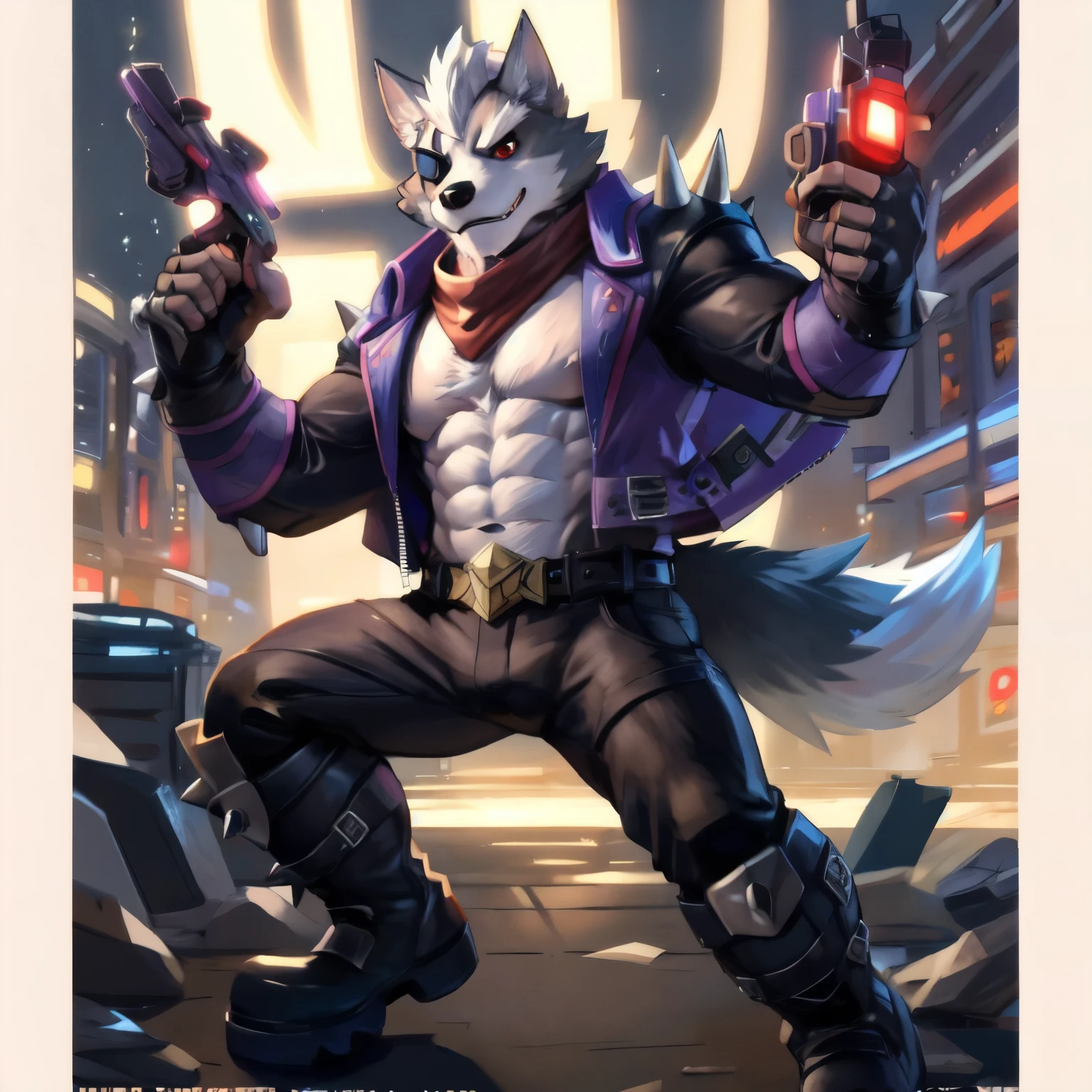 masterpiece, best quality, amazing quality, solo, 1boy, null-ghost, Wolf O'donnell, bara, red eyes, eyepatch, jacket, spikes, black pants, boots, fingerless gloves, holding gun