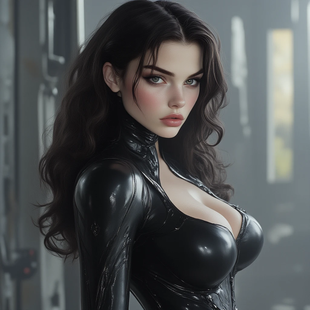Emma Watsonl, wearing black pvc bikini sexy clothes, character portrait, 4 9 9 0 s, long hair, intricate, elegant, highly detailed, digital painting, artstation, concept art, smooth, sharp focus, illustration, art by wlop, charlie bowater and alexandra fomina