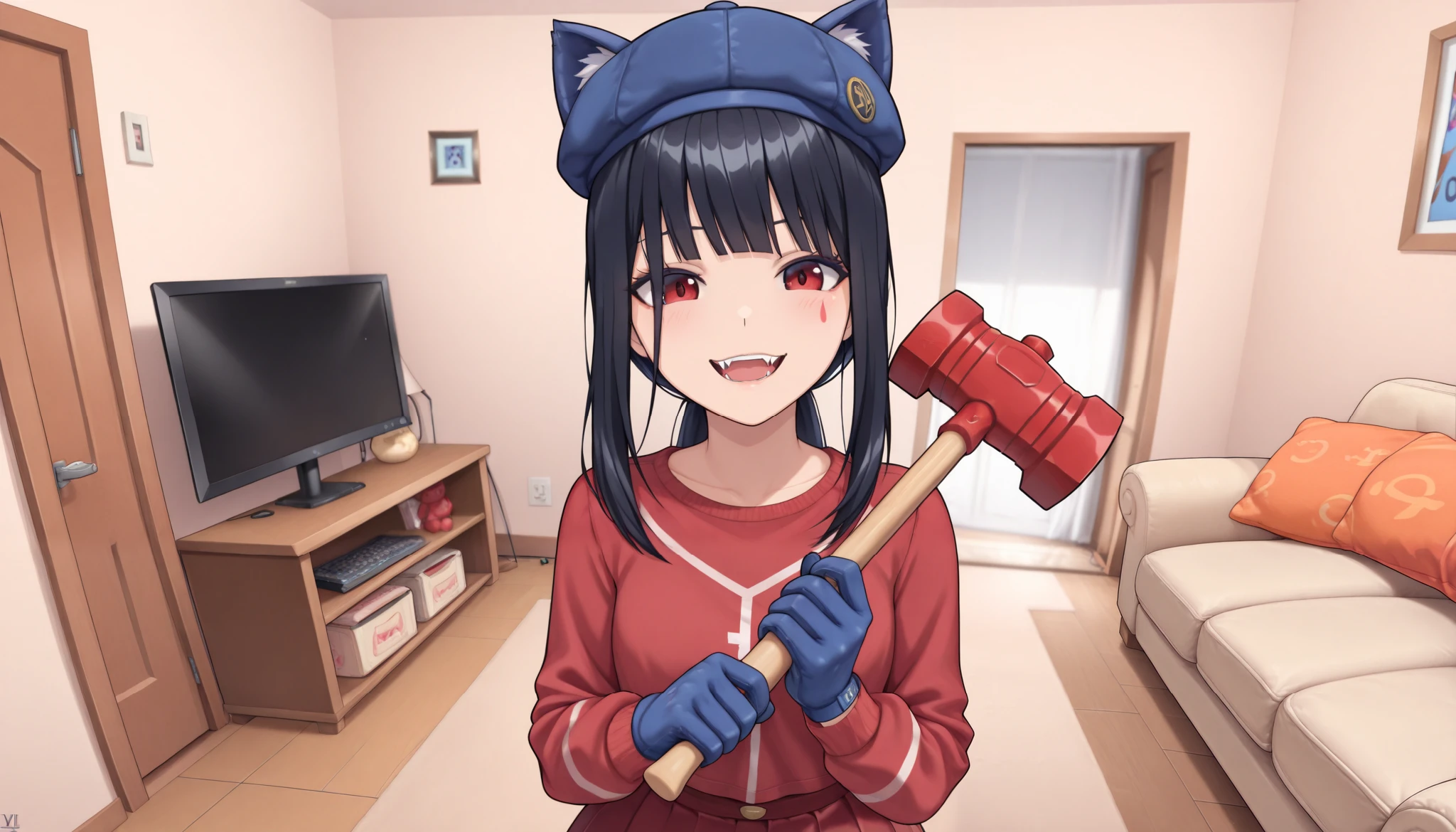 ( maximum resolution, Very detailed, Best Quality ,precise, Masterpiece,Solo , single shots ),( , 1girl, , junkotvvxl, (red eyes), (long hair), (( black hair, straight bangs,)),,, Ponytail, bangs to the sides , ,Denim blue beret with blue cat ears , blue gloves , Red Jersey, folded blue skirt,Holding a toy hammer ,cheerful, grins, sees the fangs, Living Room( Looking at the viewer , anatomically correct, half-body ,Anime style)