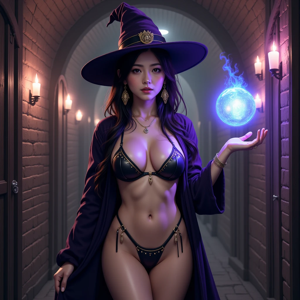 (masterpiece:1.2), (The best quality:1.2), ((small breasts)), ((thin and sexy)), ((pose sexy)), ((playboy magazine pose)), perfect lighting, Dark Magician Girl casting a spell, floating in the air, neckline, magic background. Transparent hearts in the air, blue robe, big hat, from above, Sparkles, Yugioh Card in the background