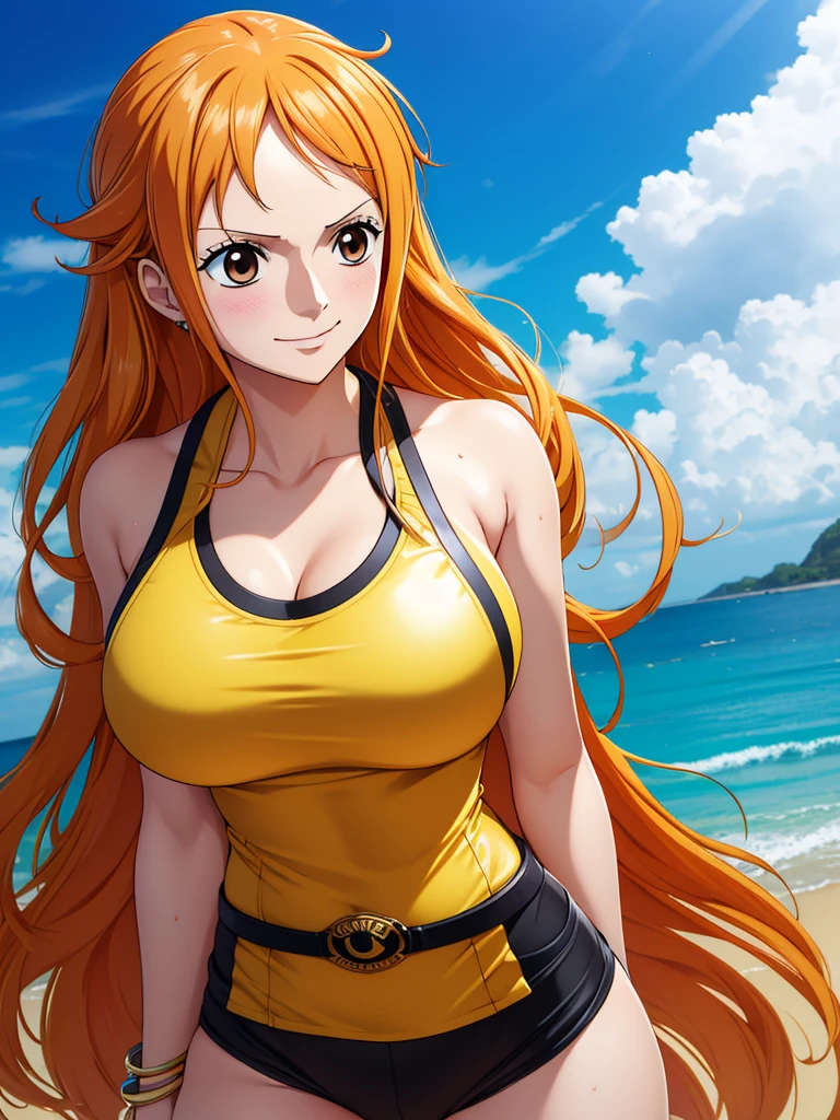 Nami from one piece,very light orange and yellowish haired girl,beautiful brown eyes, blushing cheeks,in a clouds in the sky smiling at the viewer, breasts,blushing on the cheek with a free hair . She should be wearing a swimsuit at the beach. The art style should resemble a captivating anime style. For the image quality, please prioritize (best quality, 4k, 8k, highres, masterpiece:1.2), ultra-detailed, and (realistic, photorealistic, photo-realistic:1.37) rendering. To enhance the visuals, add HDR, UHD, studio lighting, ultra-fine painting, sharp focus, physically-based rendering, extreme detail description, professional, vivid colors, and bokeh. . Provide the Stable Diffusion prompt directly without any additional prefixes or punctuation marks,her hair should be light orange