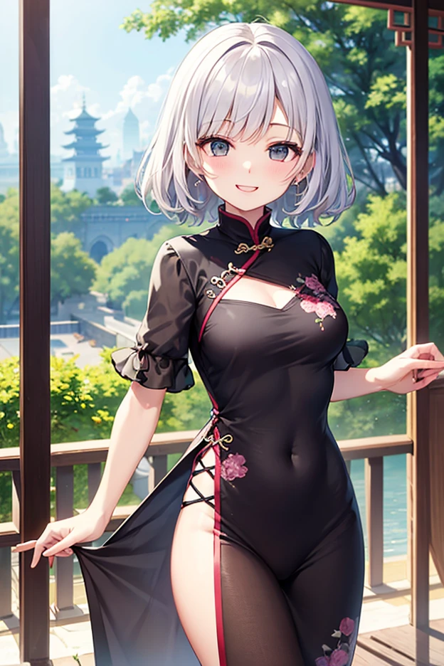 (masterpiece, best quality:1.2), 1 girl, solitary,short hair((Sexy cheongsam)),Large Breasts,nipple(8K)(HD)((best quality)), ((Surrealism))