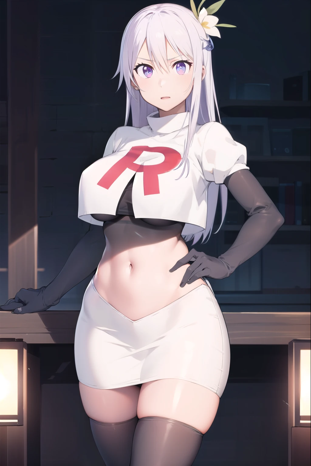 keqing, keqing, long hair, bangs, hair ornament, twintails, (purple eyes:1.1), purple hair, braid, hair bun, double bun, cone hair bun,
BREAK team rocket,team rocket uniform,white skirt,red letter R,crop top,black thigh-highs,black elbow gloves,
BREAK looking at viewer, (cowboy shot:1.5),
BREAK (masterpiece:1.2), best quality, high resolution, unity 8k wallpaper, (illustration:0.8), (beautiful detailed eyes:1.6), extremely detailed face, perfect lighting, extremely detailed CG, (perfect hands, perfect anatomy),
