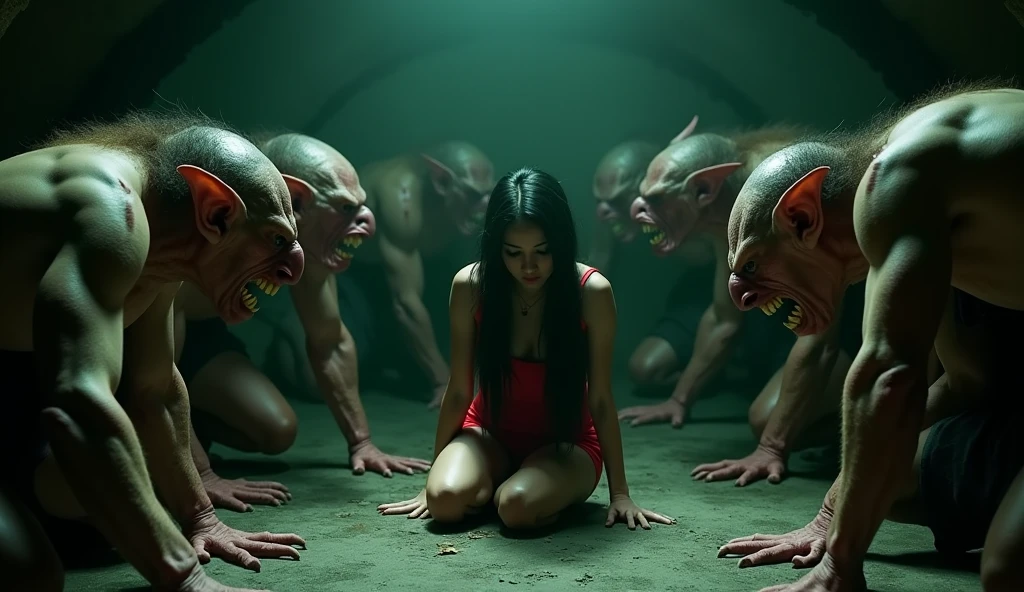 Grotesque Scenes A tense and eerie scene in a dark, dungeon-like environment. A woman ...