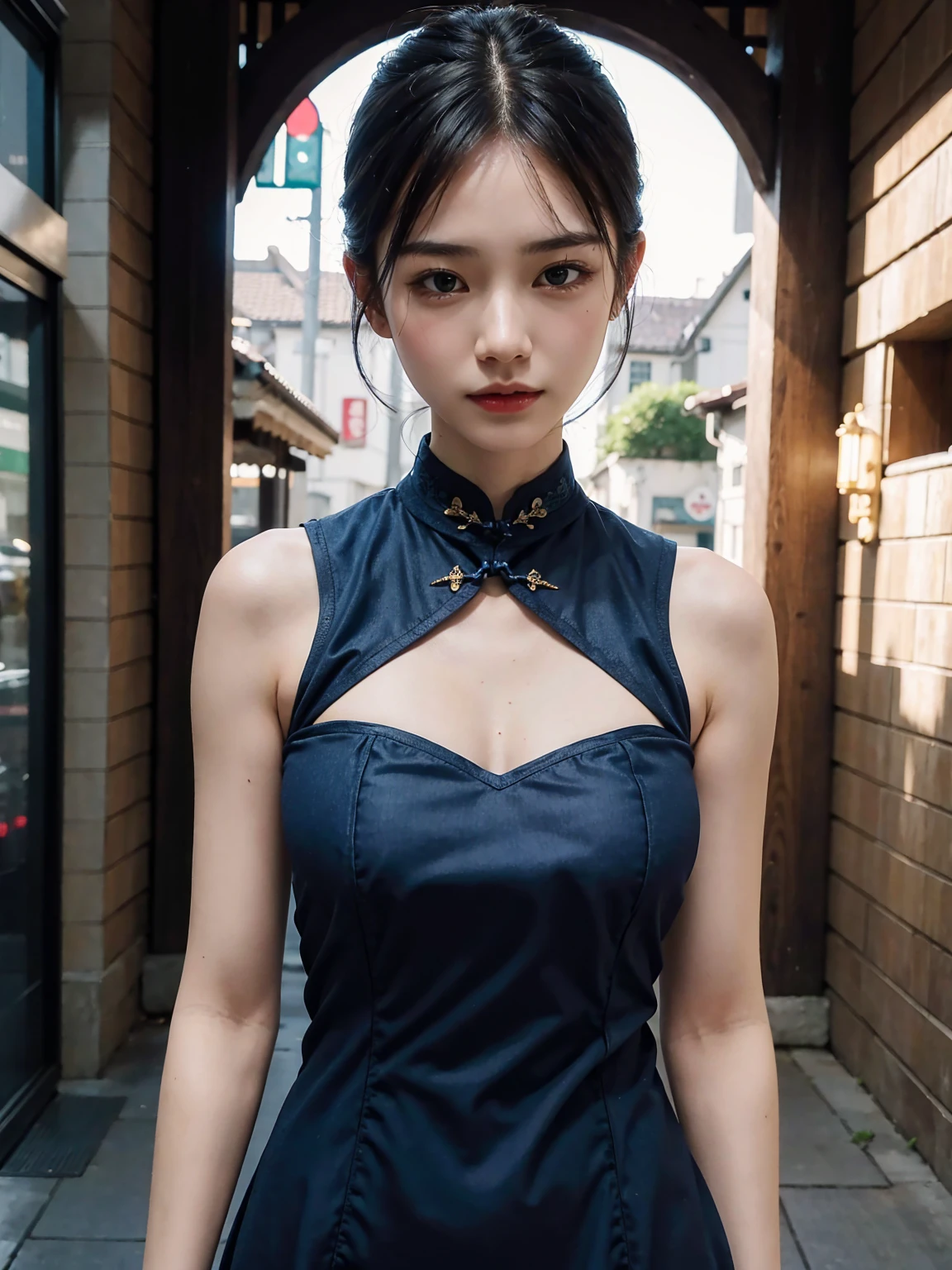 dark theme, (blue tight cheongsam, detailed printed:1.3), (masterpiece, best quality:1.5), beautiful girl, upper body, 8k, official art, raw photo, teen, incredibly absurdres, violaceaess, gardenia, cinch waist, indoor, looking at viewer, film grain, chromatic aberration, sharp focus, (facelight, dynamic lighting, cinematic lighting:1.1), detailed eyes and face, bokeh background