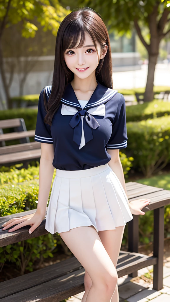 Japanese, high school girl, smiling face, young face, long black hair, long straight black hair, blue hairband, blue and black short-sleeved , light blue ribbon decoration on collar, blue pleated skirt, black socks, light brown shoes, voluptuous body, thighs, viaduct, standing in front of stairs, sunflower bed, seaside park, full moon night, starry night, nostalgic scenery, romantic night view